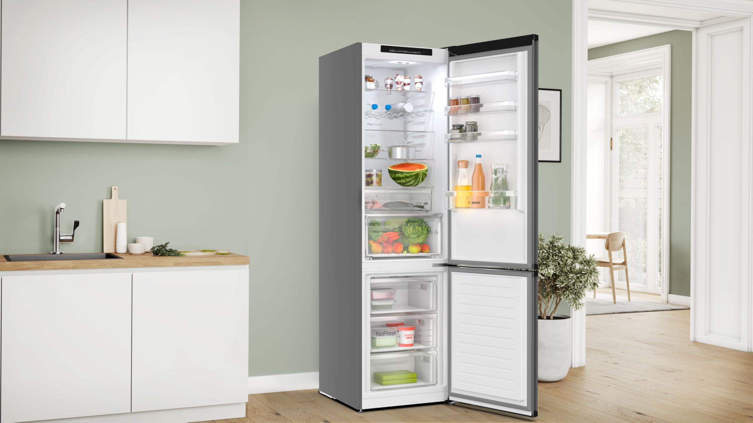 Bosch KGN39OCAF, Serie 4, Kühl-Gefrier-Kombination Freistehend, 203 x 60 cm, 260 L Kühlen + 103 L Gefrieren, Green Collection, Total NoFrost, VitaFresh XXL, Perfect Fit, LED-Beleuchtung, Anthrazit