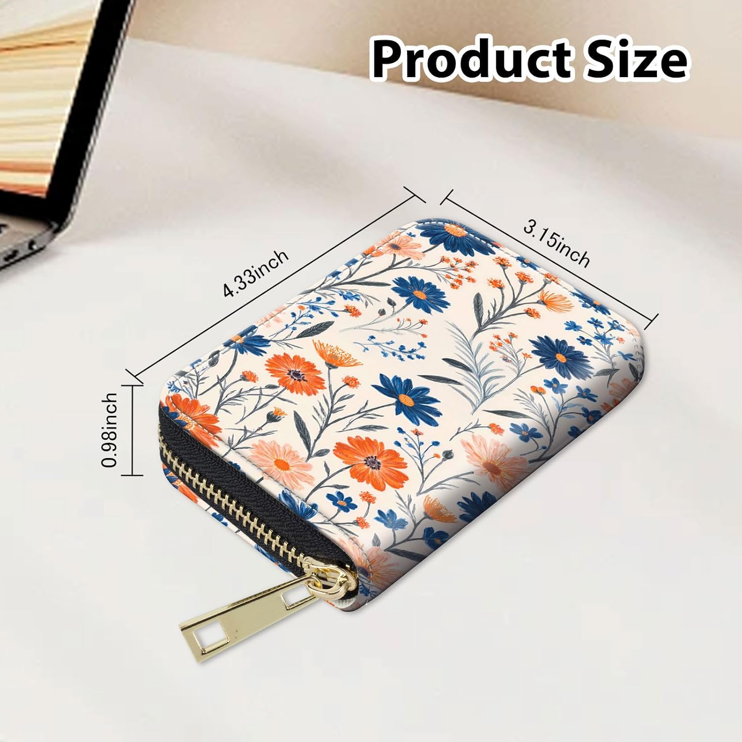 Slim Zipper Card Wallet for Women — RFID Blocking Mini Wallet, PU Leather Small Credit Card Holder & Coin Pocket, Travel-Friendly Card Organizer, Floral Pattern 1