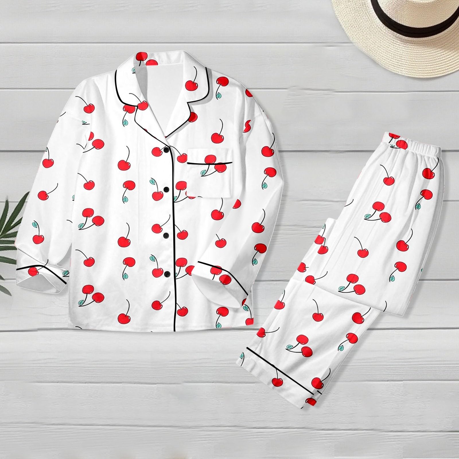 Pijama de Manga Larga, Ropa de Dormir Suave con Parte Superior Estampada y pantalón Liso, Ropa cómoda para Estar en casa Tanto de día como de Noche.