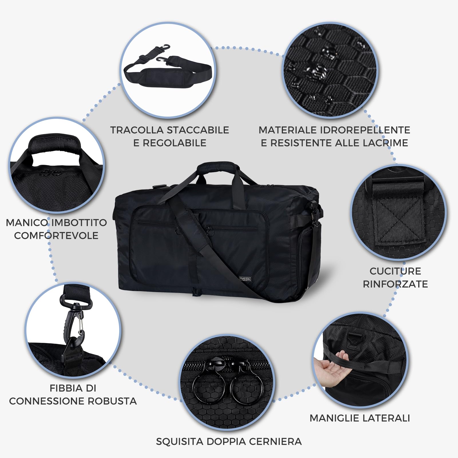 Fmeida 65L Borsone da Viaggio Unisex Adulto, Grande Borsone Palestra con Scomparto per Scarpe e Tracolla, Impermeabile Duffel Bag Borsa Sportivo, Nero