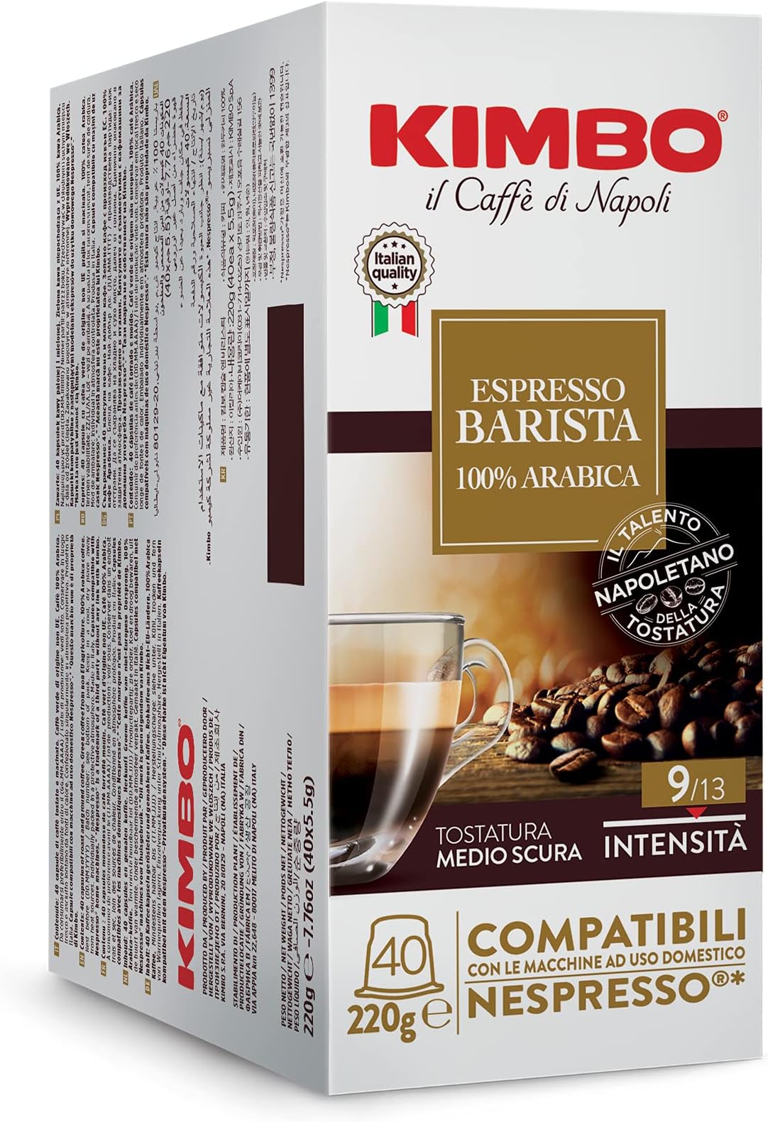 Espresso Barista 100% Arabica Coffee Capsules - Single Serve Compatible - Blended and Roasted in Italy - Medium to Dark Roast - 40 Count