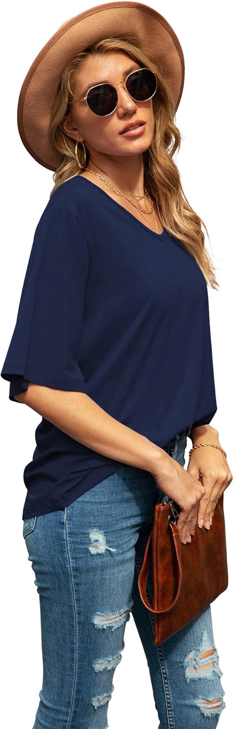 SUEANI Women's Blouse Tops Loose V Neck 3/4 Bell Sleeve Shirt - Image 5