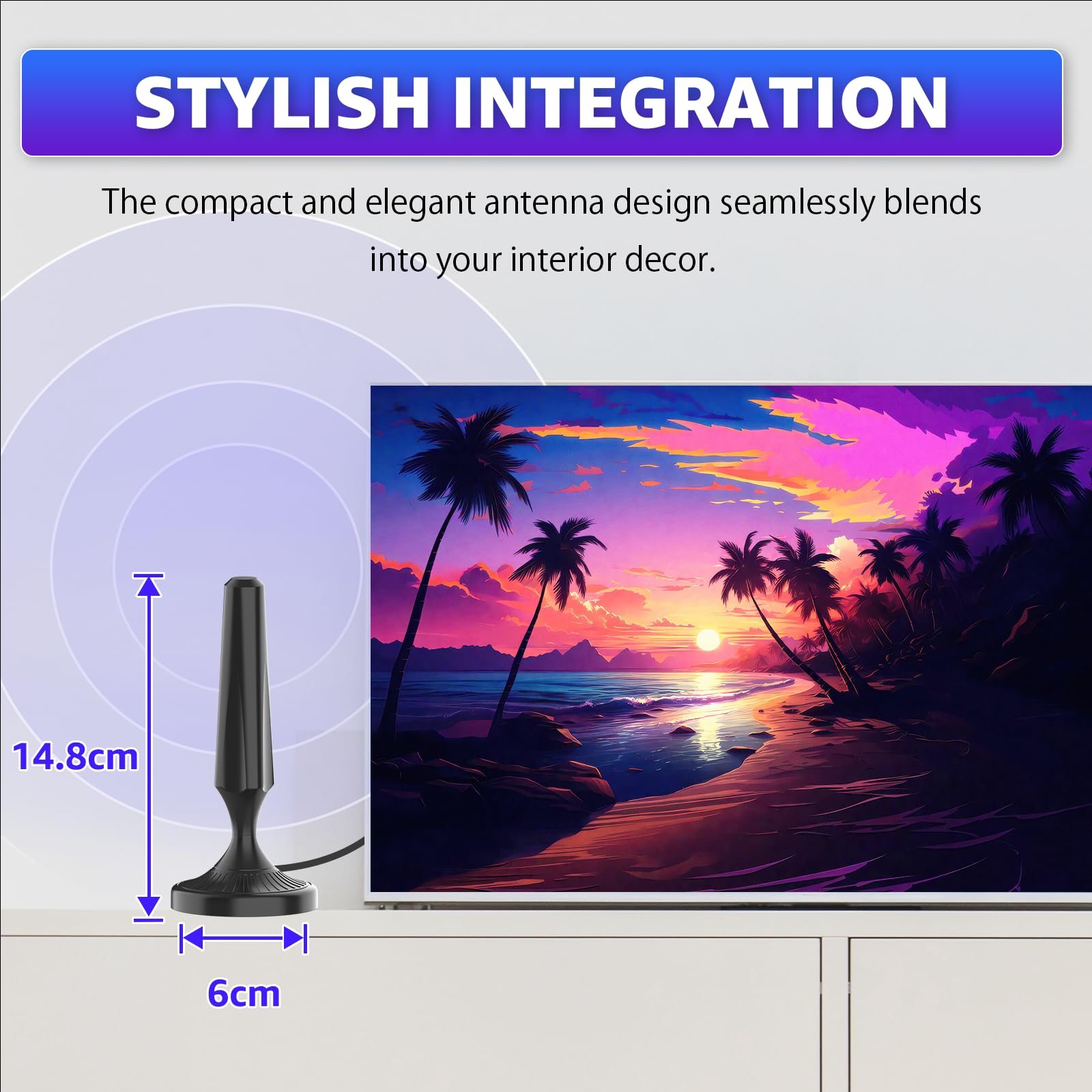 Indoor TV Aerial Magnetic Base Digital TV Aerial Indoor for Smart TV Freeview Local Channels Easy Setup Universal Indoor Aerial Supports 8K 4K 1080P Compatible with All Televisions 5m Coaxial Cable — view 6