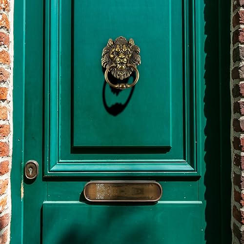 Vista 20 de MOLIGOU Lion Head Door Knocker, 6 Inch Decorative Front Door Knocker, Antique Lion Door Ring Pull Handle (Gold)