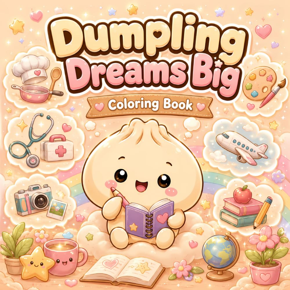 DUMPLING DREAMS BIG: Coloring Book for Kids | Cute Dumplings, Coloring Pages Jobs | 8.5x8.5 inches, 102 Pages | Food Characters