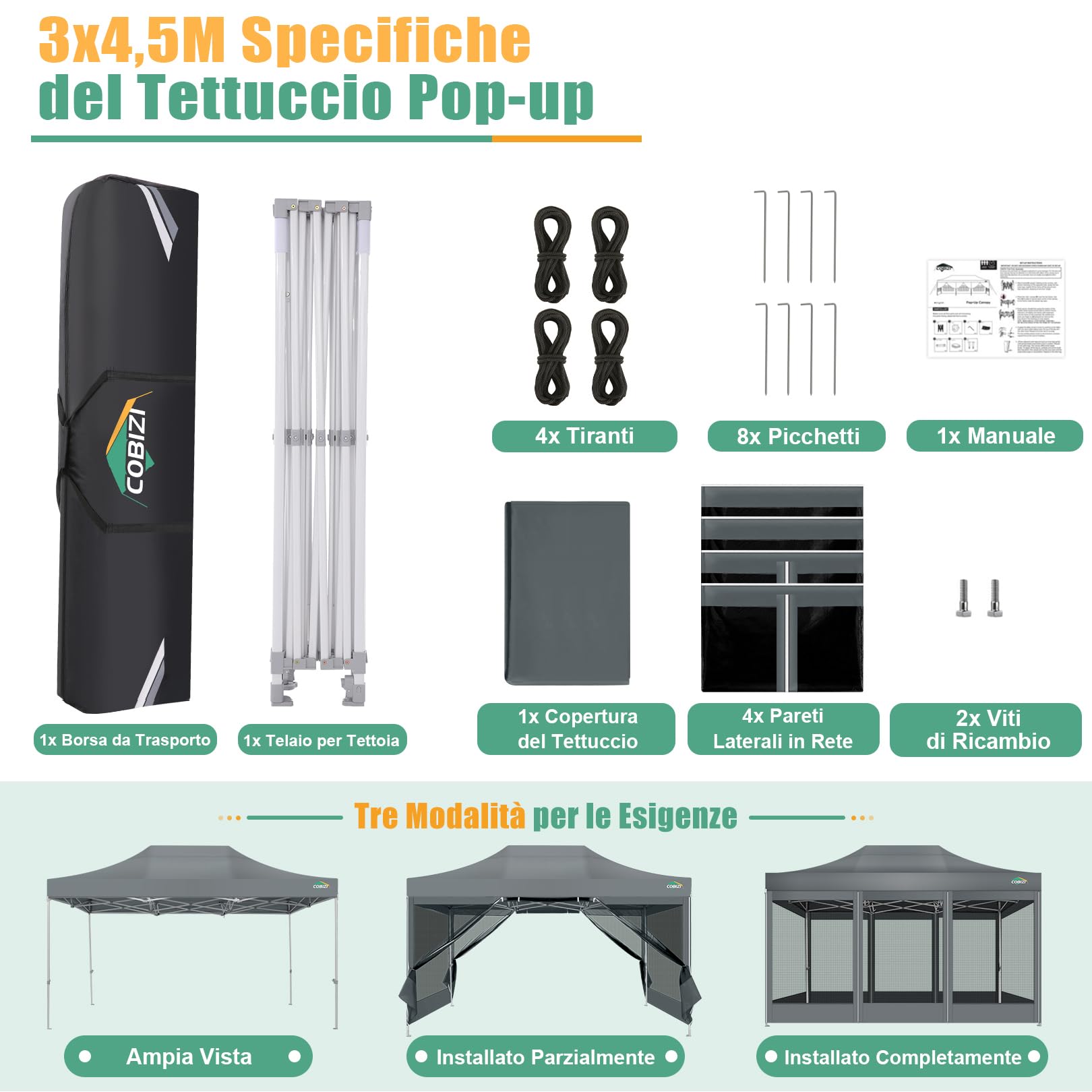 COBIZI Gazebo pieghevole 3x4,5 m con zanzariere, impermeabile e stabile | Protezione UV, altezza regolabile su 3 livelli, tessuto Oxford 420D, borsa inclusa