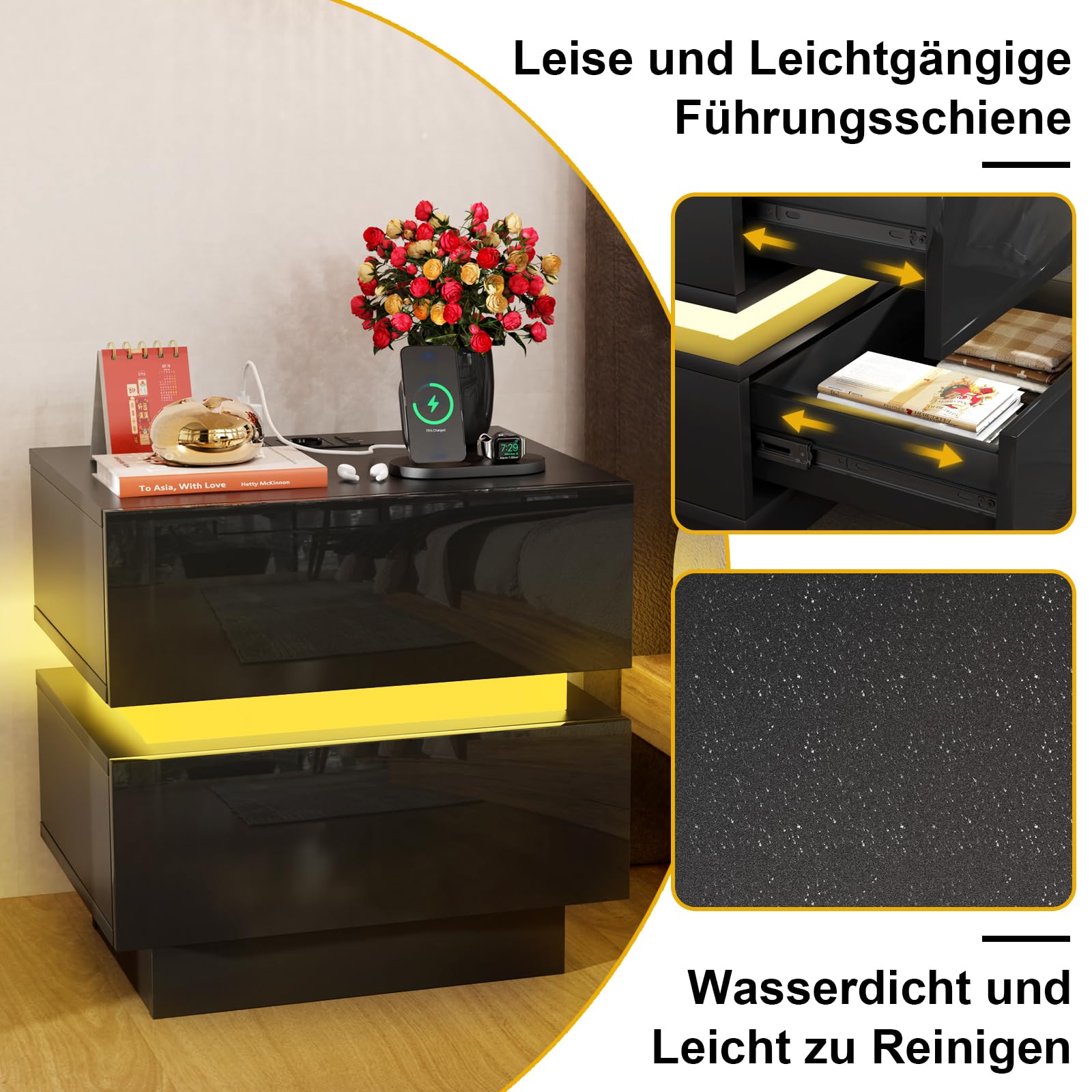Nachttisch mit Steckdose, 2 AC Steckdosen, 2 USB-Anschlüsse, Nachtschrank 16 Farblicht, Beistelltisch mit Verstellbarer LED-Beleuchtung, 2 Schublade Hochglanz, Modern 45x35x46cm