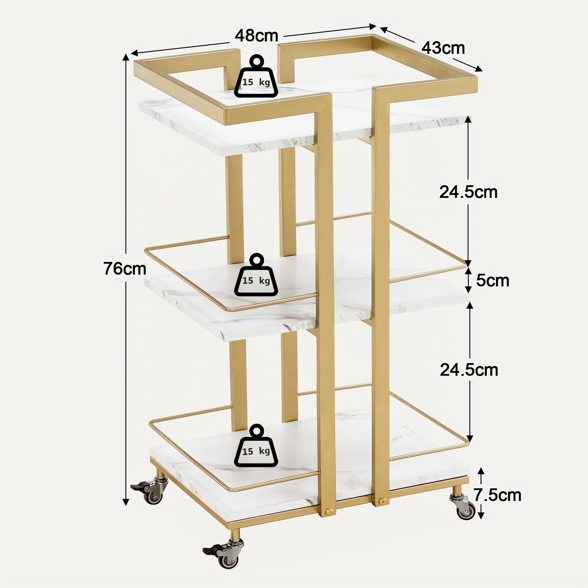 M MCombo Carrello da portata con ruote, carrello da cucina, carrello da bar, struttura in metallo, moderno carrello multiuso a 3 livelli, per cucina, bagno, soggiorno, ufficio, 0033 (bianco e oro)