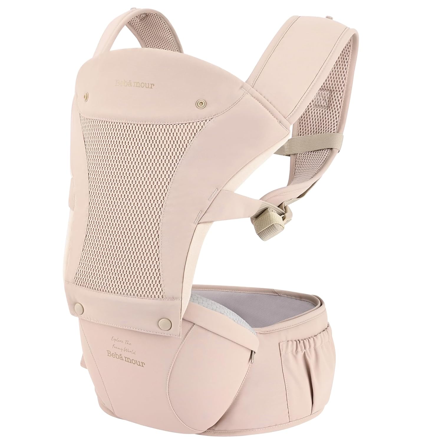 Bebamour Baby Carrier with Hip Seat,All-Position Breathable Mesh Hip Seat & Carrier 0-36Months with Head Hood, 3 PCS Teething Pads, Waist Extender,Storage Bag & Pacifier Case (Pink)