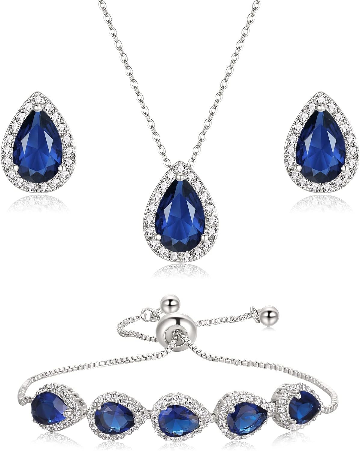 EleQueen Women's Cubic Zirconia Crystal Teardrop Necklace Earrings Bracelet Wedding Party Jewelry Sets for Bride Bridemaids
