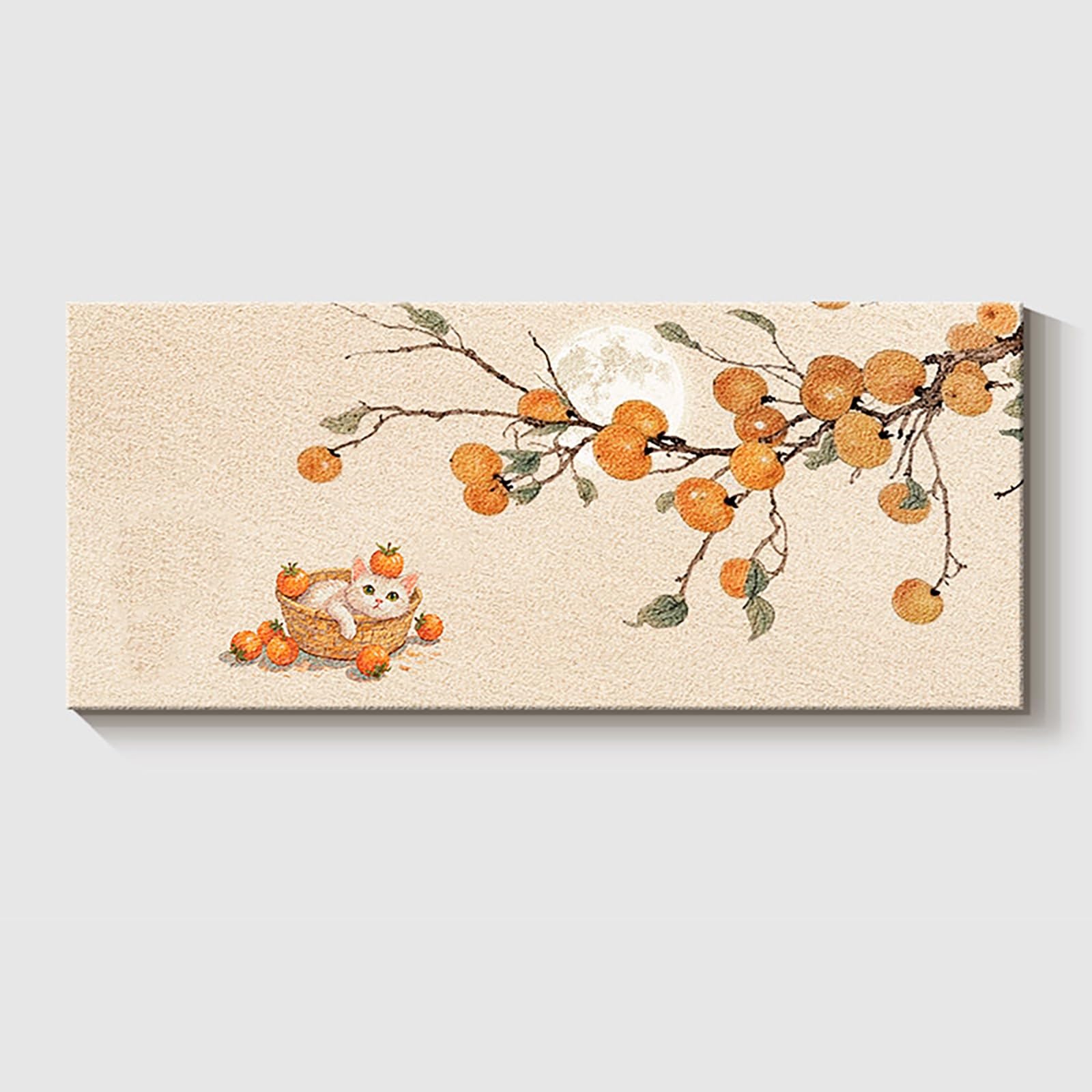 ZCQMSCWW 3D Frameless Sandstone Texture Wall Art, Persimmon & Cat Relief Sculpture, Minimalist Hanging Decor for Living Room Sofa Backdrop(C,180 * 75cm/70.8 * 29.5in)