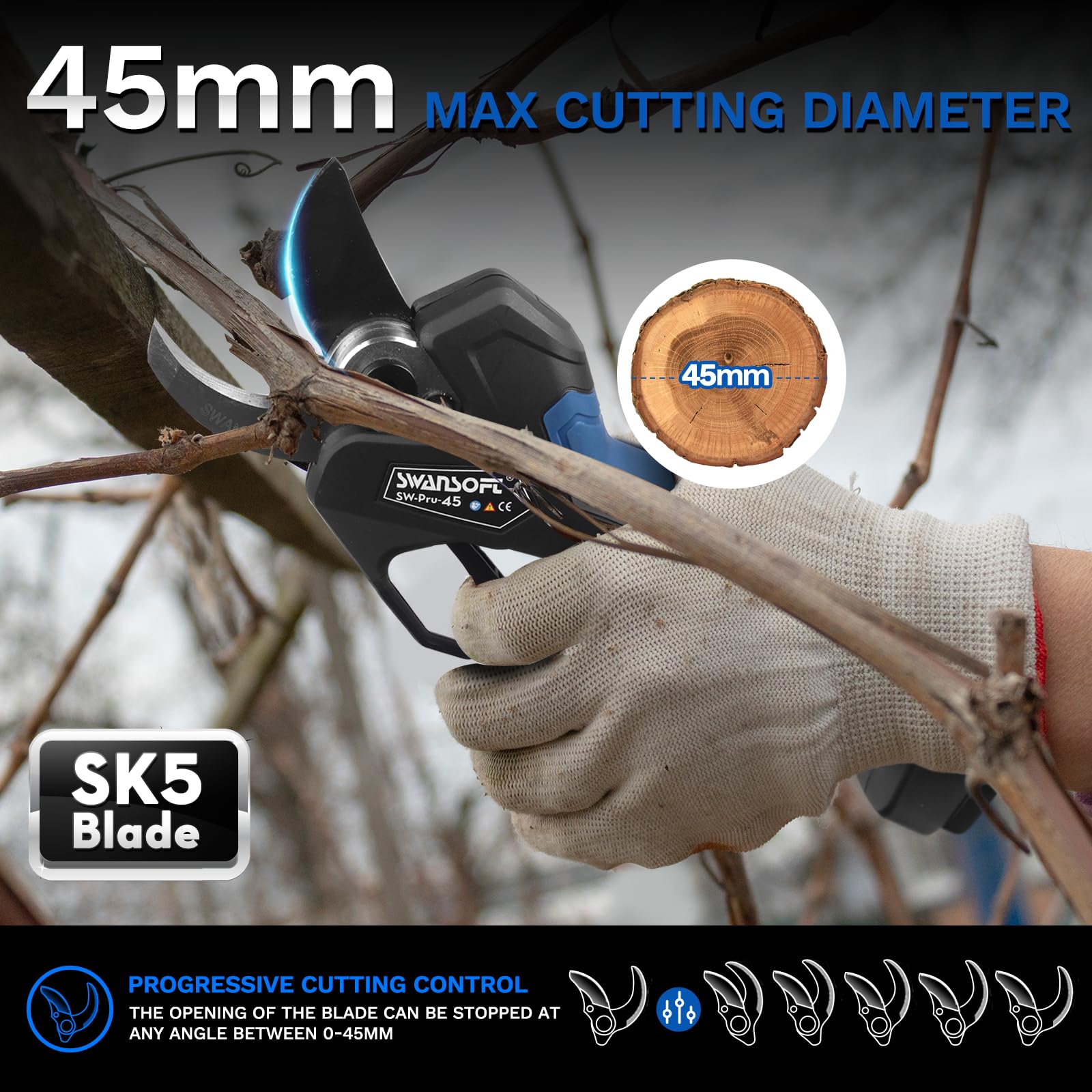 SWANSOFT 45mm Electric Pruning Shears, Professional Cordless