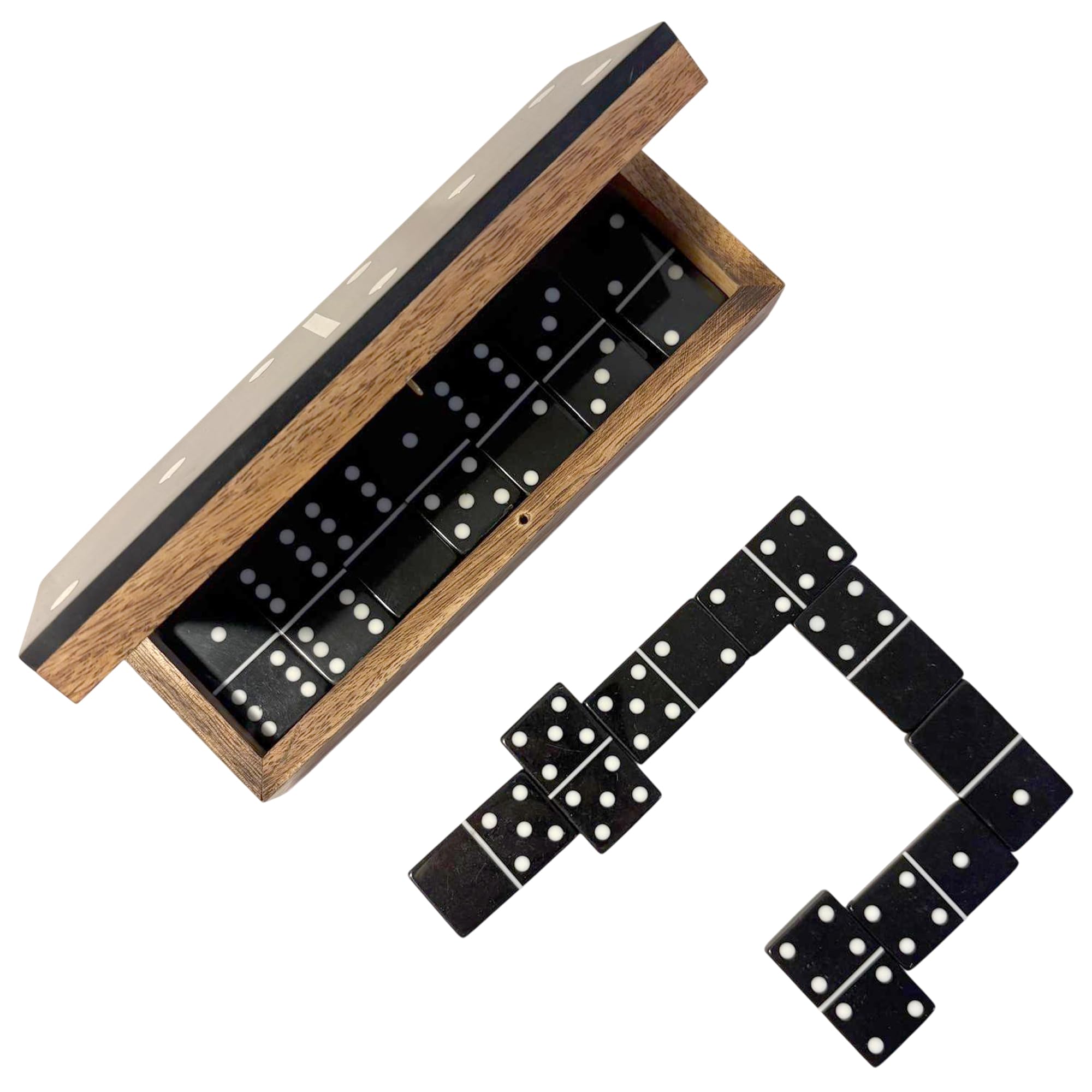 Thorness 𝗛𝗔𝗡𝗗𝗖𝗥𝗔𝗙𝗧𝗘𝗗 𝗪𝗢𝗢𝗗𝗘𝗡 𝗗𝗢𝗠𝗜𝗡𝗢 𝗦𝗘𝗧 with Silver Inlay and Acrylic Hinged Lid – Black & Natural Wood, Elegant Game Night Gift