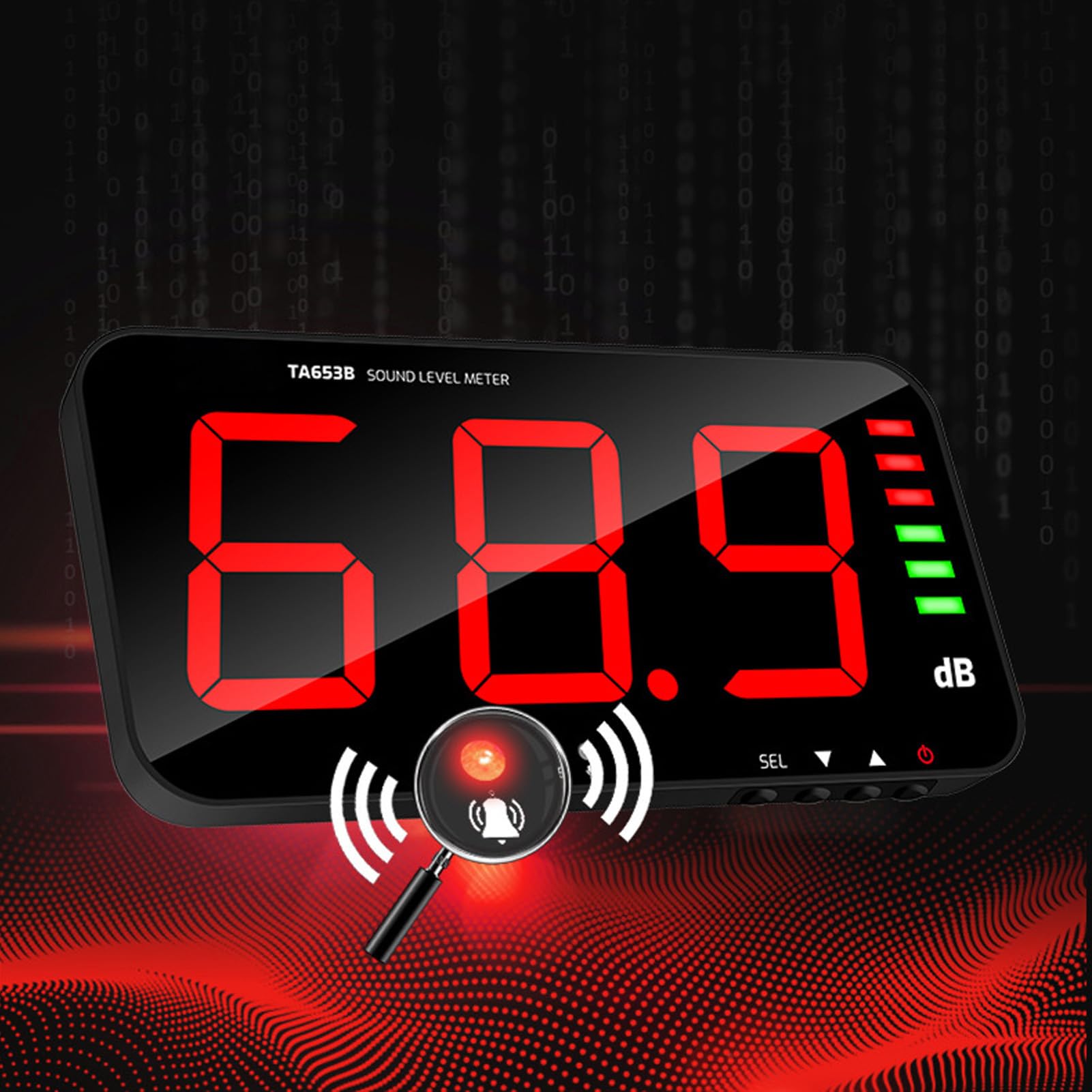 Sound Level Meter, Decibel Meter Recorder, 30-130dB Large Screen Display for Industrial Use, Wall Hanging, with Upper Limit Remind and Data Storage, Analog Bar Level Indicator