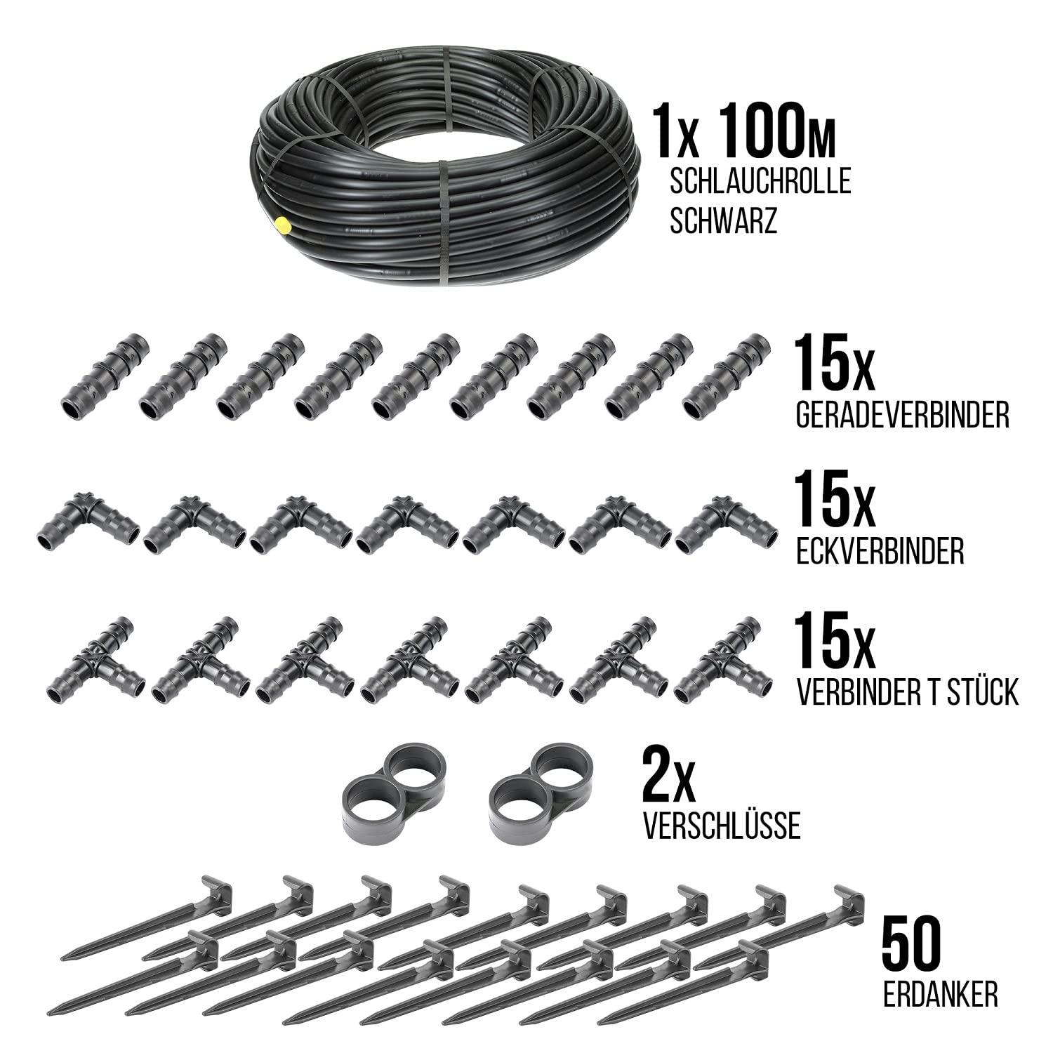 HaGa Sistema de riego, manguera de goteo de 100 m (16 mm) sin compensación de presión, incluye accesorios, riego eficiente de plantas para jardín e invernadero, mangueras de agua resistentes a los