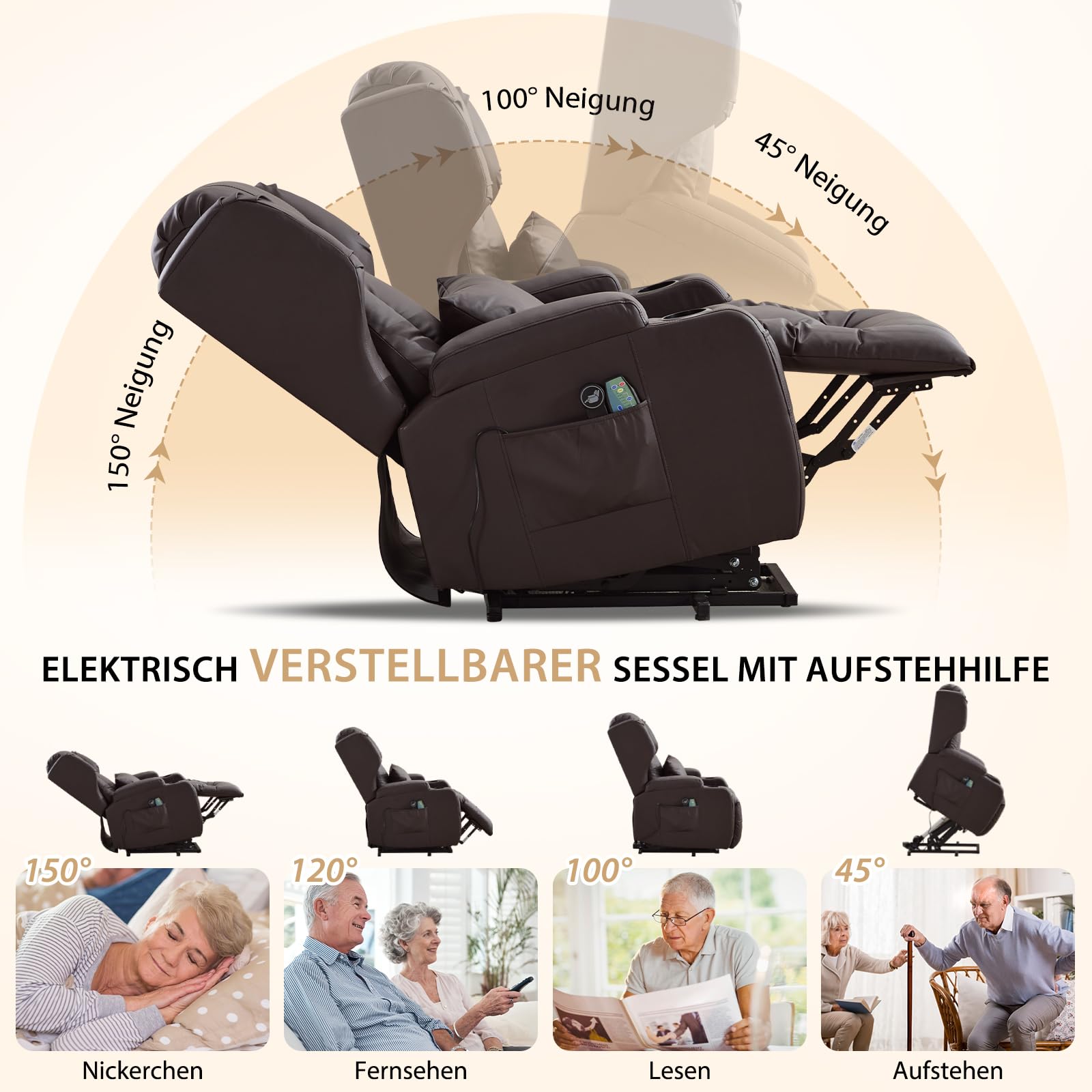 Elektrischer Sessel mit Aufstehhilfe Senioren, Elektrisch Verstellbarer Fernsehsessel mit Liegefunktion,Kinosessel mit USB & Getränkehalter,TV Sessel fürs Wohnzimmer (1, Braun)