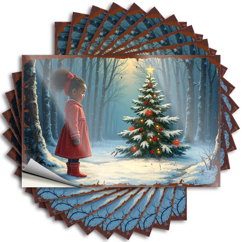 Lettering Sticker Pool Stuff Durable Vinyl - Child in Red Coat Admires Snowy Christmas Tree in Winter Forest Cover for Science Use(8X12CM)