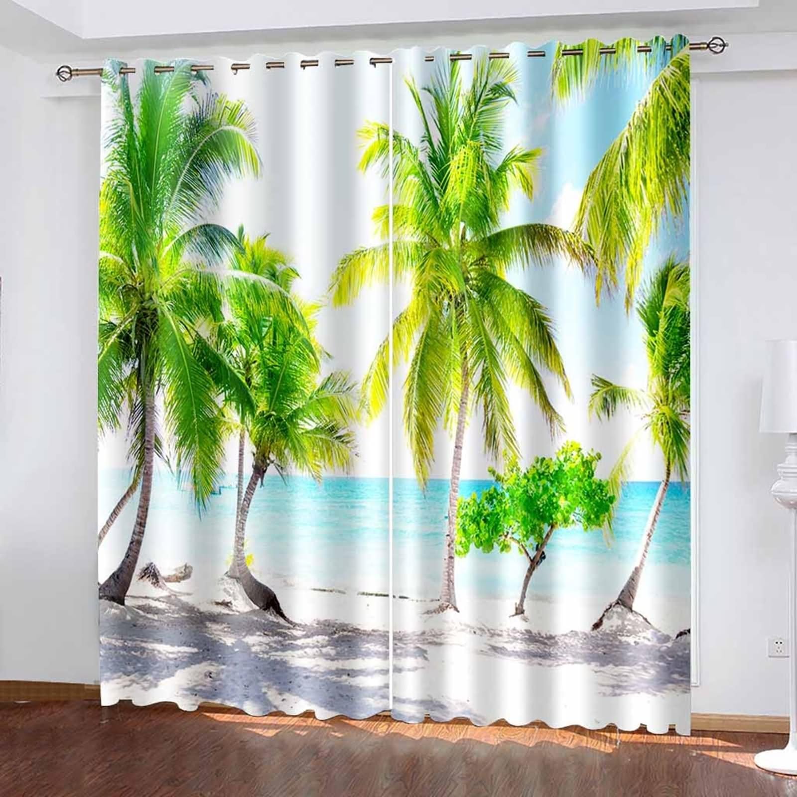 Zasłona okienna łazienkowa, zasłona do sypialni dla dorosłych zielona trawa plaża krajobraz i drzewo kokosowe poliester zestaw 2 szt 274 x 274 cm