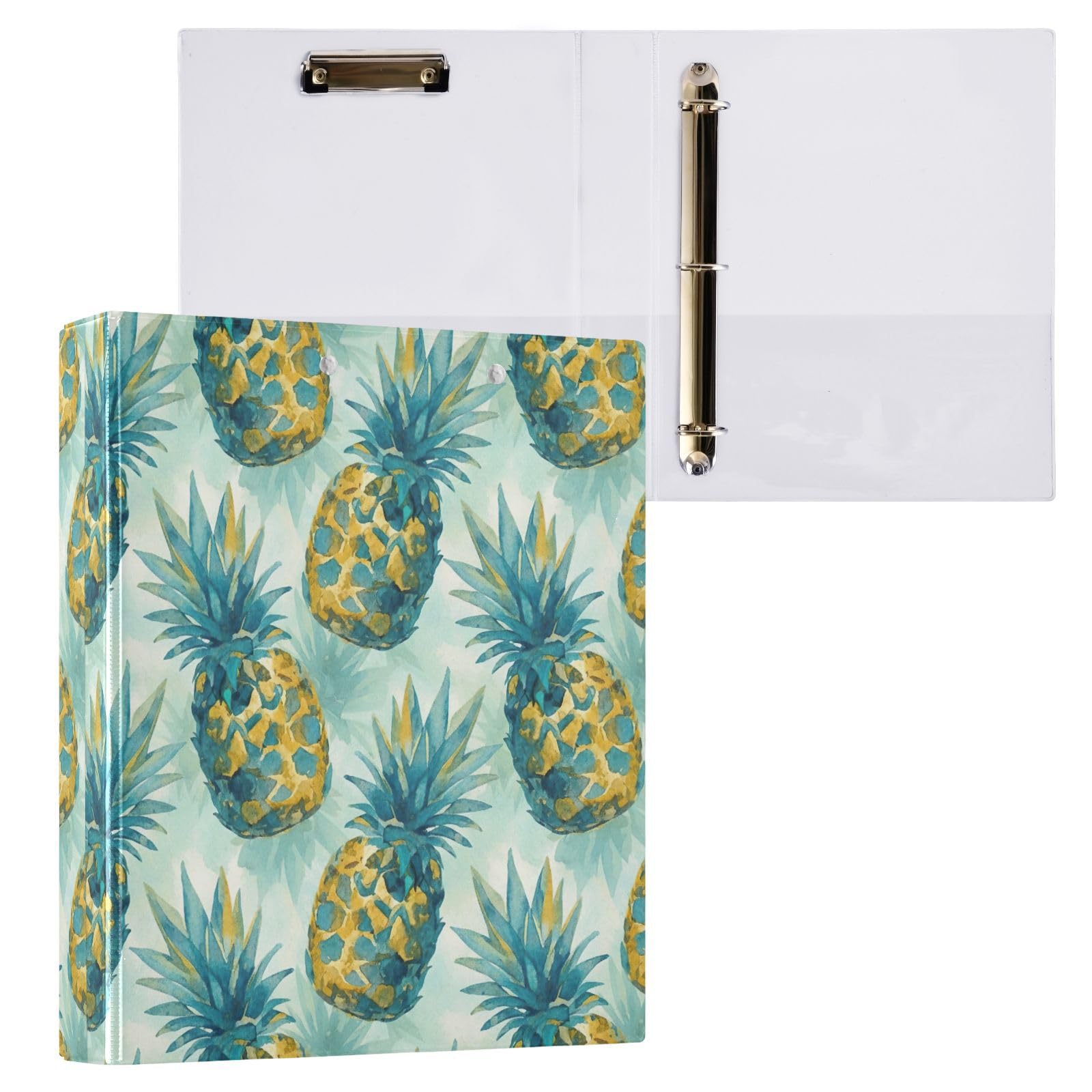 Raccoglitore a 3 anelli, con tasche, motivo ananas tropicale, colore foglia di tè, confezione da 2