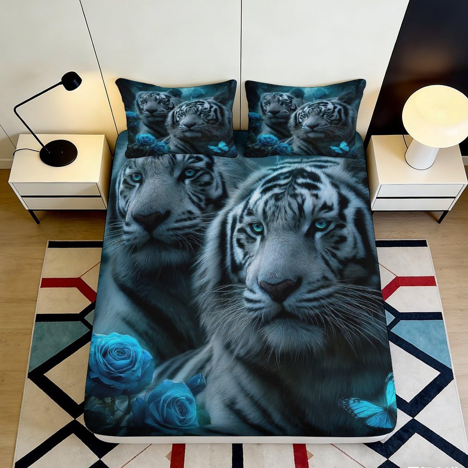 Qjzxknhpgr Style-2 3D Printed Blue Tiger Fitted Sheet Microfiber Soft Black Rose Bed Sheet For Bedroom Guest Room Decor Mattress Cover 90X200x25cm