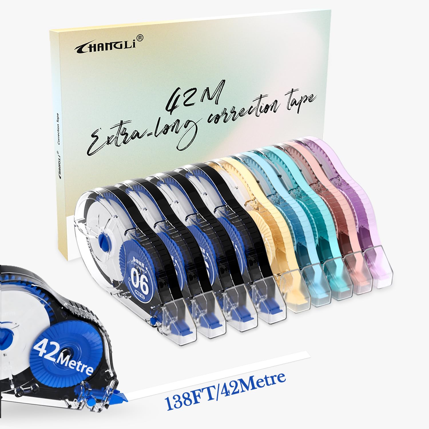 CHANGLi Ästhetisches Korrekturband, 10 Stück, 42 m, insgesamt 420 m, 90° drehbare Spitze, ergonomisches Design, reißfestes Klebeband, Büro- oder Schulbedarf, inklusive Aufbewahrungstasche