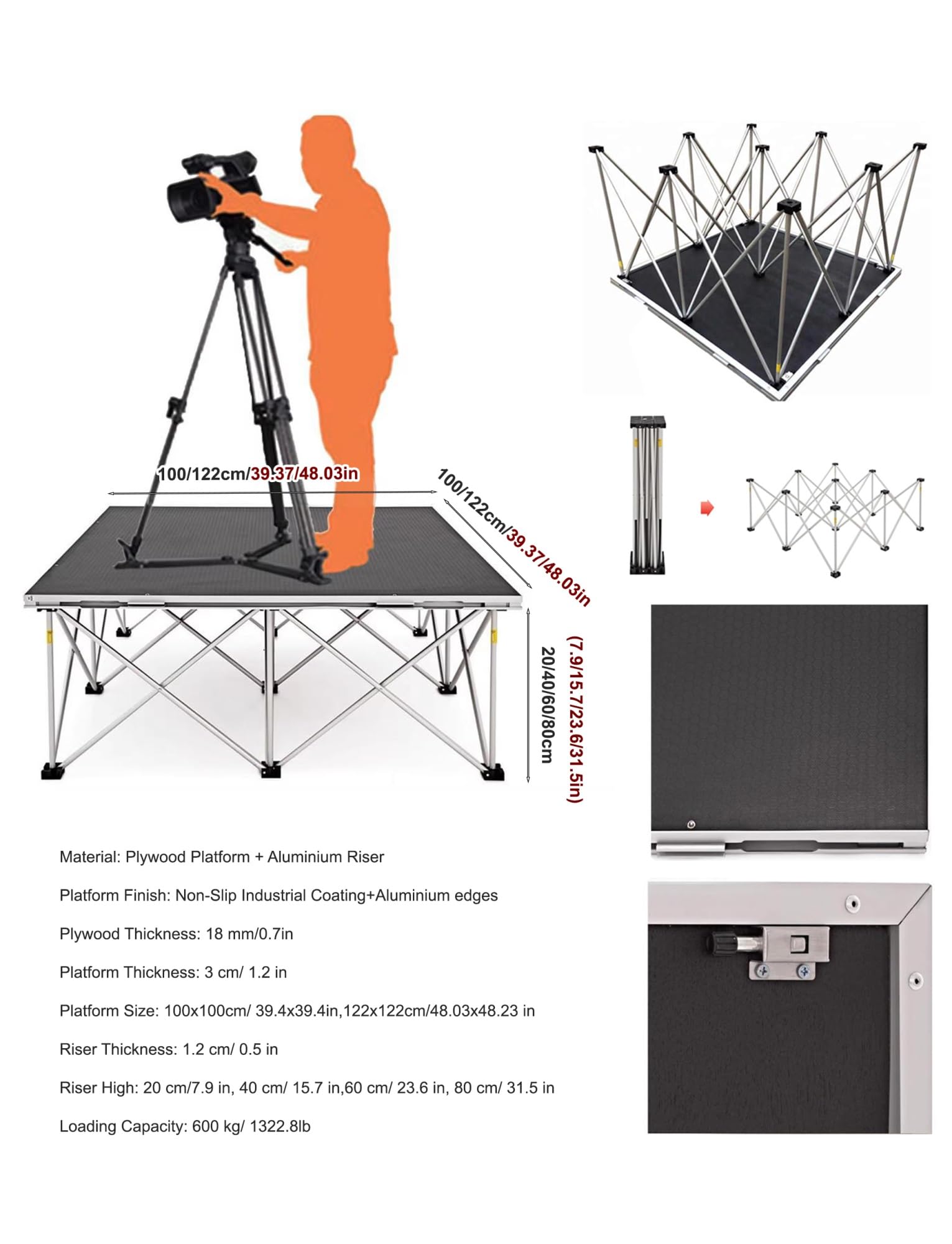 Plataforma de escenario plegable ajustable para actuaciones, conciertos y configuración de eventos portátiles con diseño modular conectable