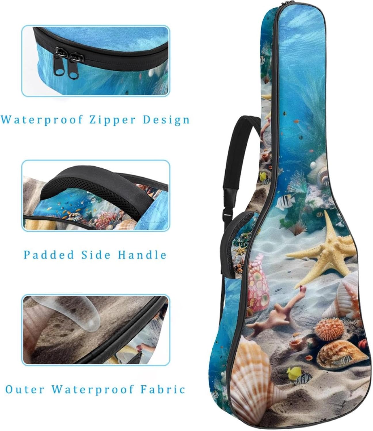 Acoustic Guitar Bag, 40 41 42 Inch Guitar Case Cover Soft Guitar Gig Bag for Acoustic Electric Bass Classical Guitar, Tropical Underwater Coral Shell Marine Beach Theme