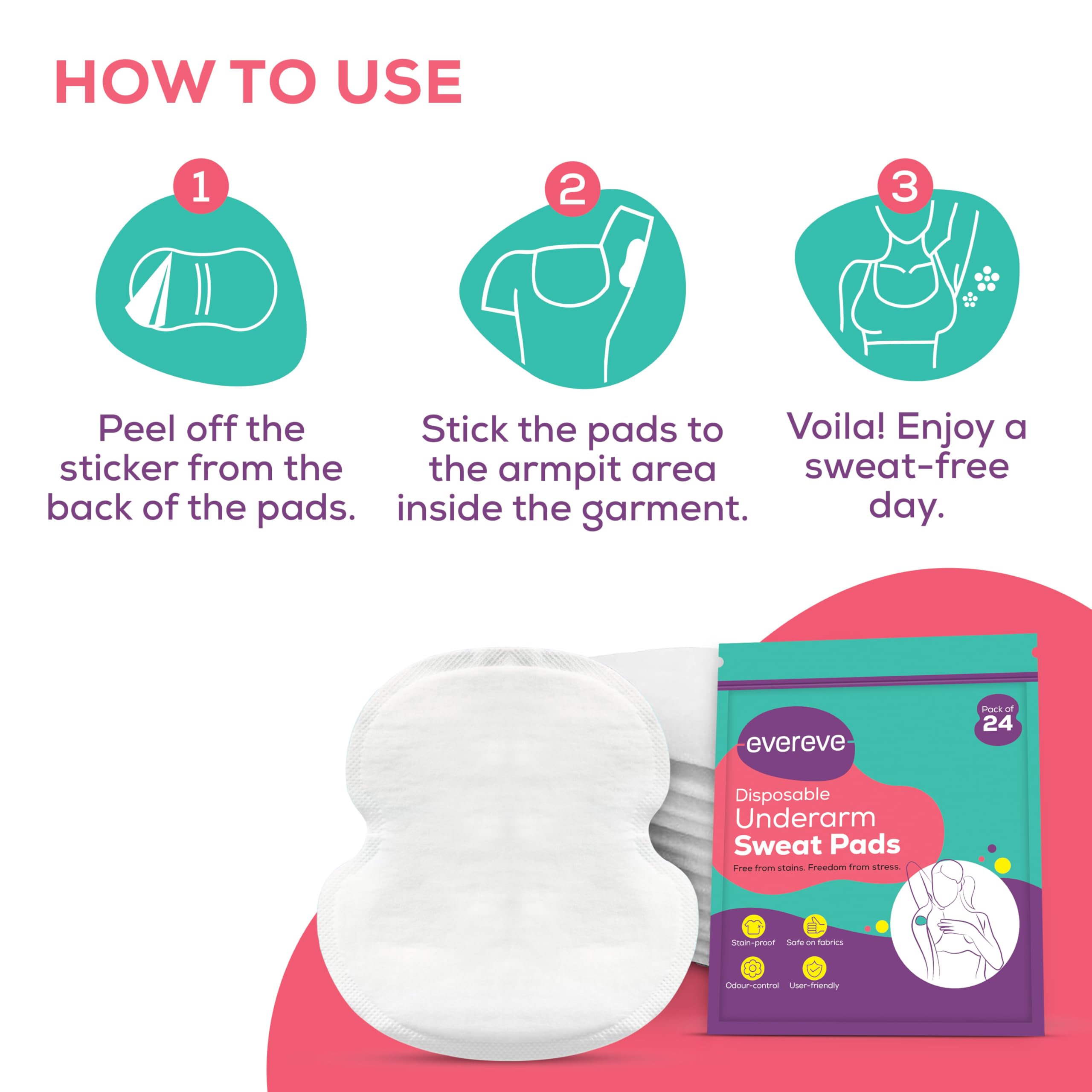 Evereve Disposable Underarm Sweat Pads (24's x 2) 48 pcs for Women & Men, Folded, Sweat absorbent, Stain proof, with Anti-Bacterial technology, Odour control, Skin friendly, Safe on fabrics 3