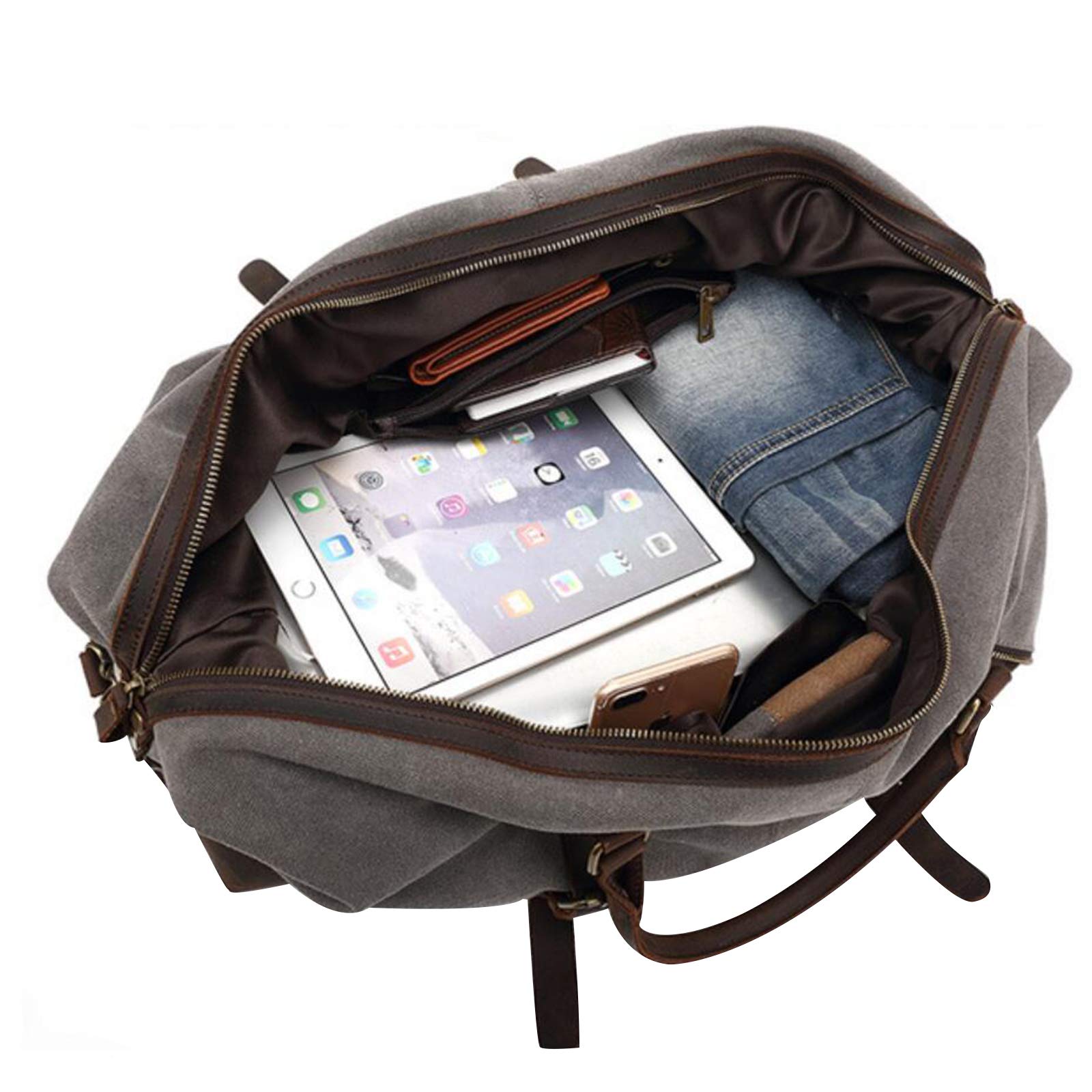 rismart Tamaño Mediano Bolsa de Viaje de Cuero Lona Impermeable Bolsa Fin de Semana Noche Bolso de Mano Gris