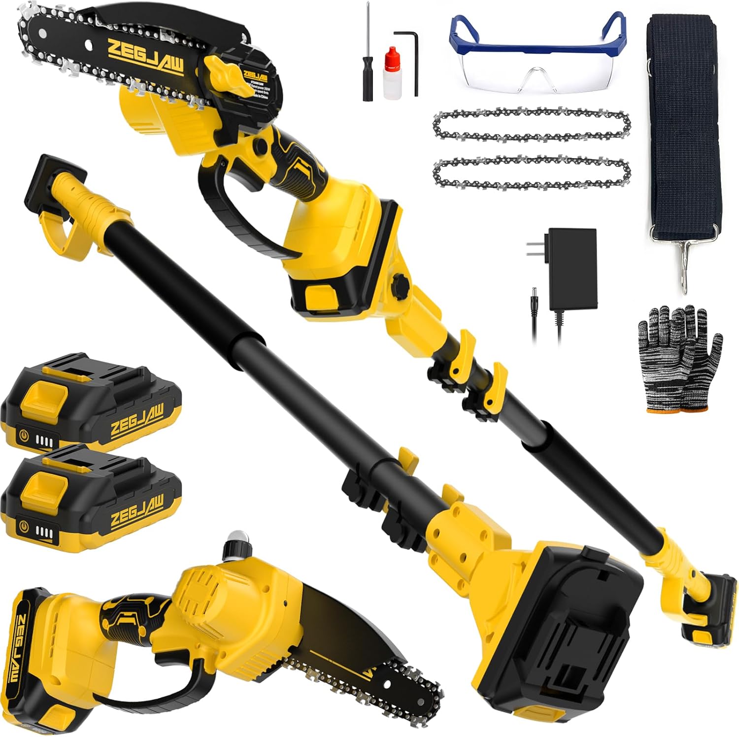 2-IN-1 Cordless Pole Saw & 6 Inch Mini Chainsaw with 2 Pack 2.0Ah Battery and Charger, Electric Pole Saw for Tree Trimming with Adjustable Extension Pole