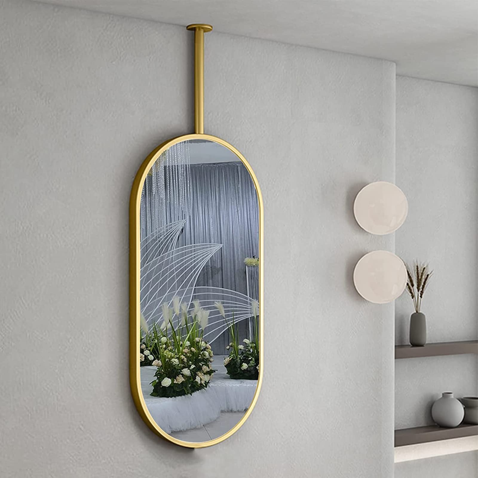 Miroir à tige suspendue rectangulaire en métal doré finition haut de gamme