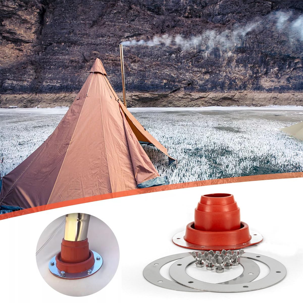 ACESOME Tent Flashing Kit, Heat Resistant Tent stove Jack Kit, with Silicone Pipe Resistant +Stainless Steel Base - Image 3