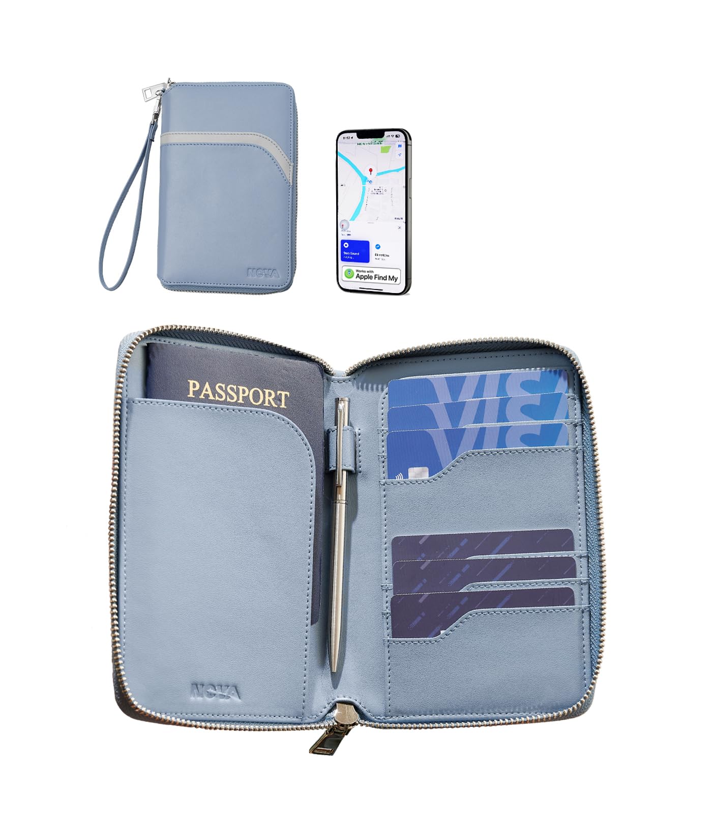 nova Smart Passport Holder, RFID Blocking passport wallet for Women, Passport Case w/Secure Apple Find My Function for Travel, Large organizer for 2 Passports, cash, Secure zippered & wrist lanyard-picture-34