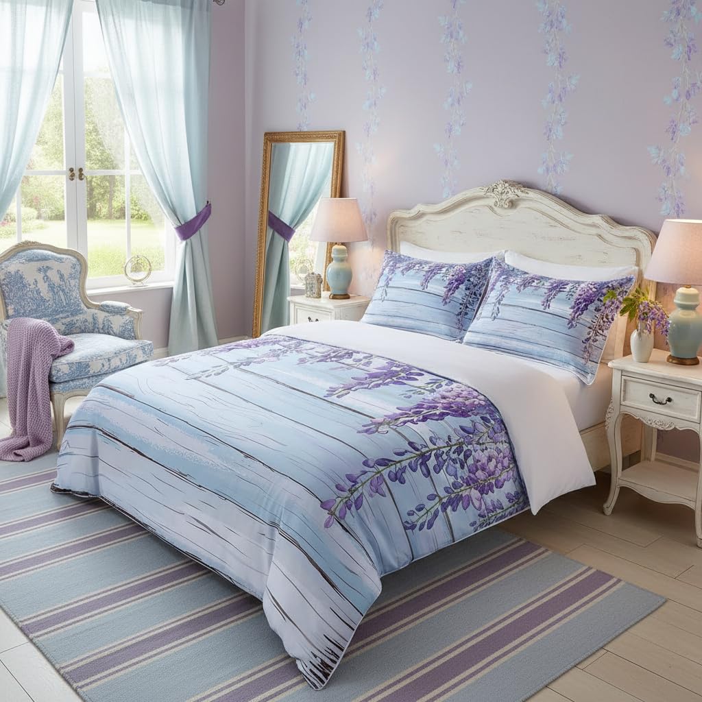 Parure de lit glycine violette grand lit avec housse de couette coton
