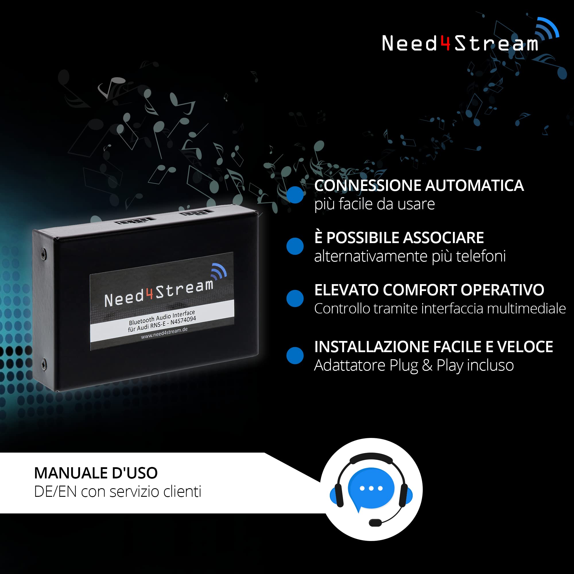 Need4Stream N4S74094 Bluetooth Adapter Auto mit Titelanzeige für RNS-E, Audio Adapter kompatibel mit Audi A3 , Audi TT , Audi R8 , Lamborghini Gallardo, Seat Exeo, iPhone und Android