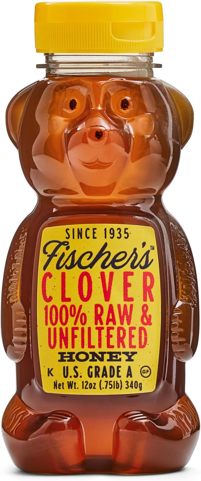 Fischer's Clover Honey, 12 Oz – 100% Pure, Raw & Unfiltered Honey – Squeezable Bear Bottle – Gluten-Free, Non-GMO – All-Natural Sweetener