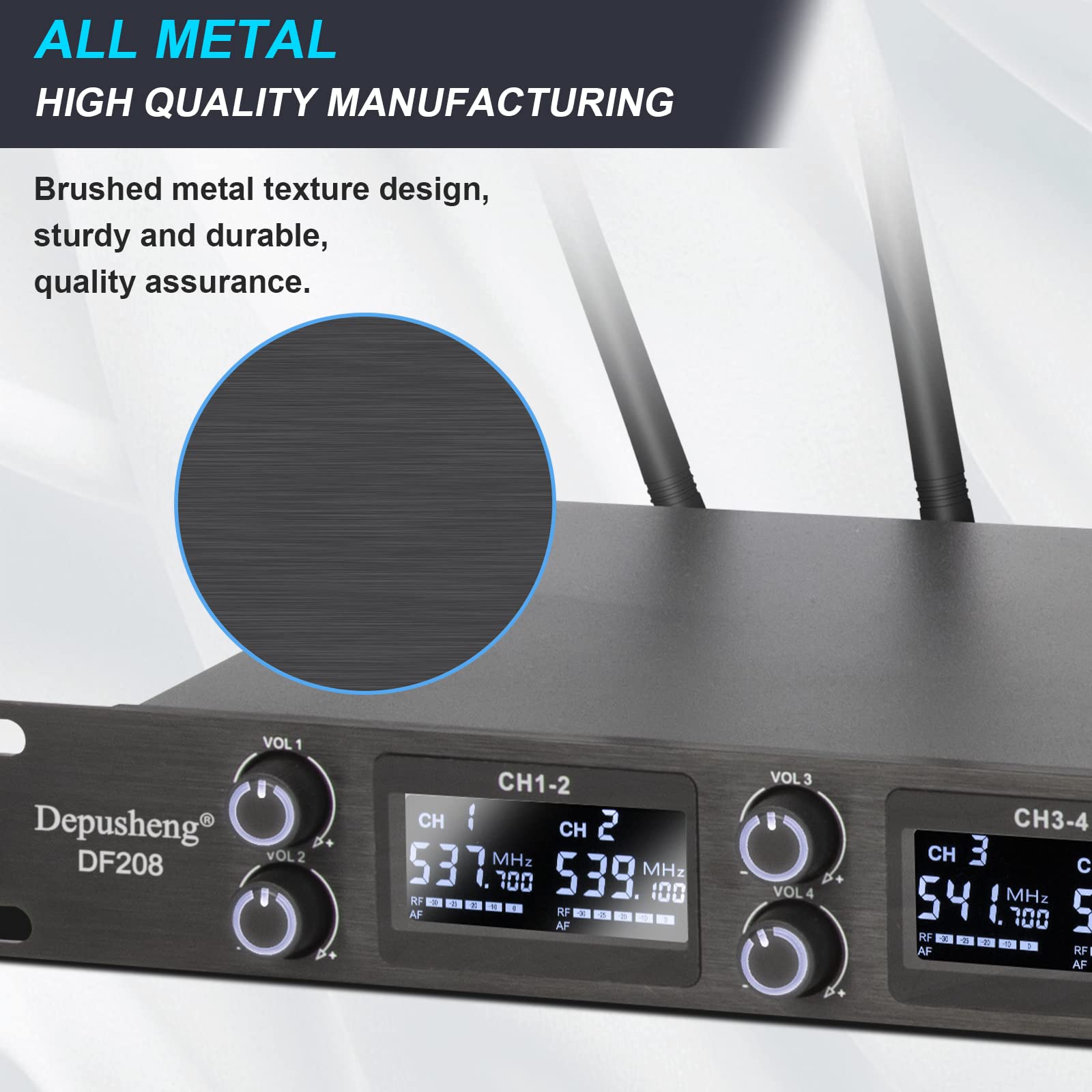 Depusheng DF208 UHF microfoni senza fili, sistema di microfono portatile dinamico professionale a 8 canali, alloggiamento in metallo, adatto per palcoscenico, conferenza