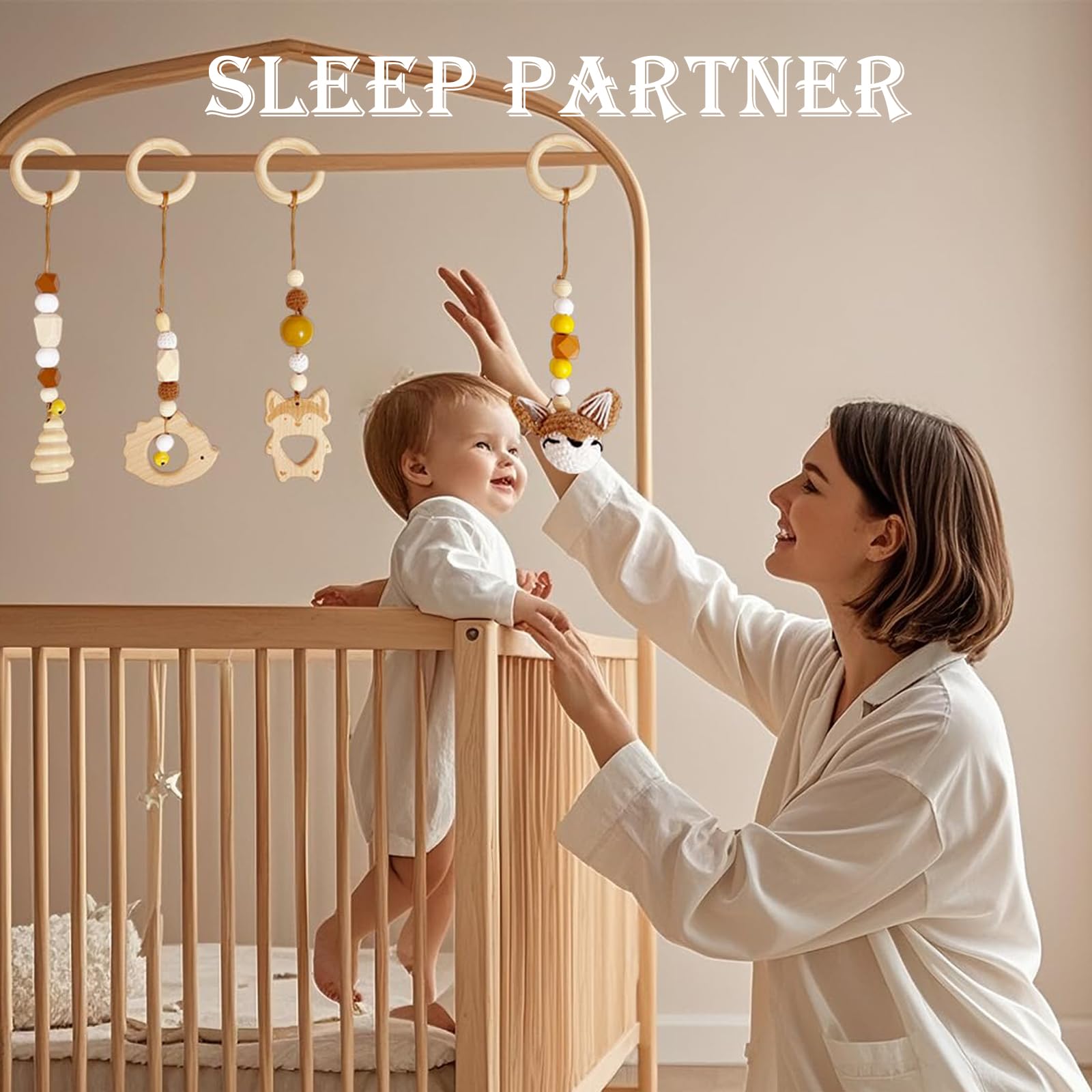 4 Pezzi Palestrina Neonato Montessori, Palestrina Neonato Legno, Giochi per Passeggino da Appendere, Baby Gym con Ciondolo in Legno, per Il Gioco e Il Fitness dei Bambini (Marrone)