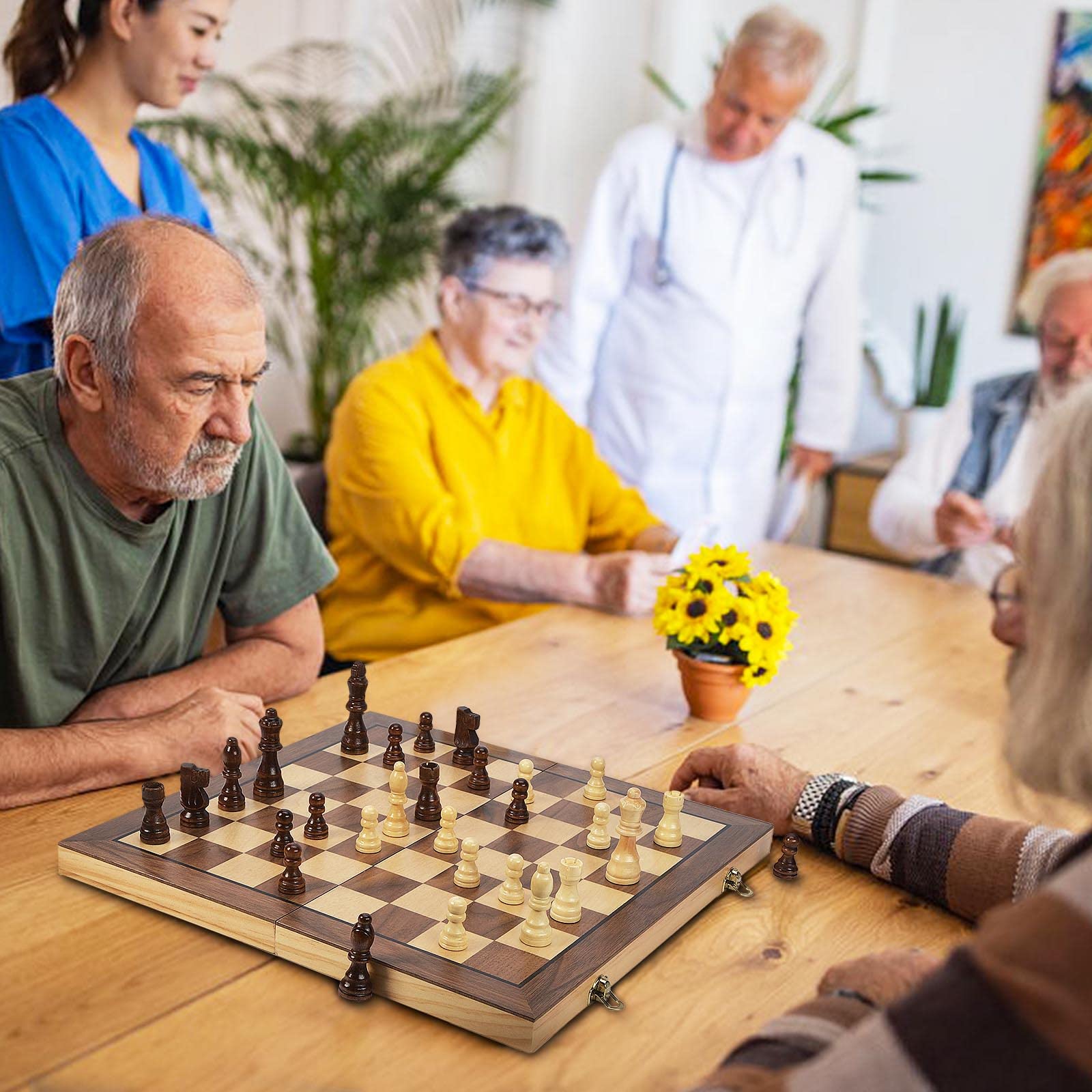 AMEROUS 15'' Magnetic Wooden Chess & Checkers Game Set -2 Extra Queens -24 Cherkers Pieces -Folding Board -Chessmen Storage Slots, Beginner Chess Set for Kids and Adults, Classic 2 in 1 Board Games