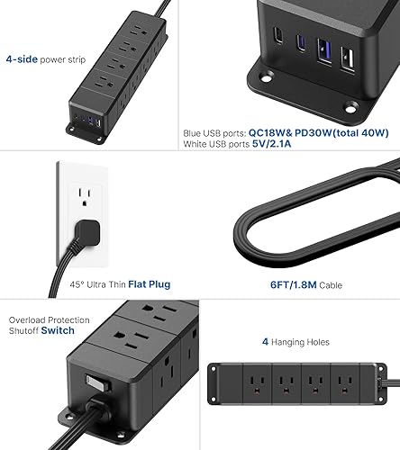 Miniatura 8 de Regleta de alimentación USB C de 30 W, tira de alimentación de enchufe plano ultrafina, 4 lados, 12 tomacorrientes, 1 PD de carga rápida, 2 USB-C, 2
