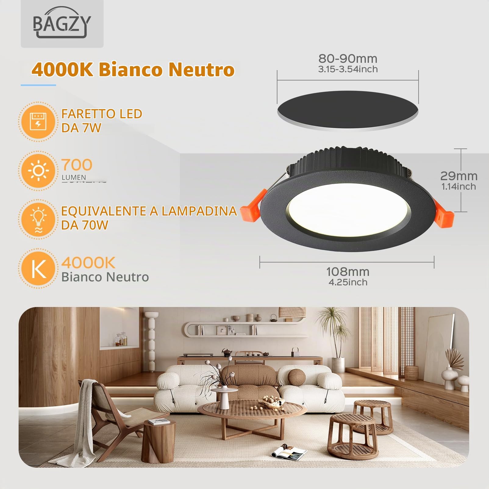 BAGZY 10 Faretti Led da Incasso Nero, 7W 700 Lumen,Luci Ultrasottili da Soffitto e per l’illuminazione da Interno,Bianco Naturale 4000K,foro incasso Ø80-90mm,AC 220-240V,per Camera da Letto Bagno