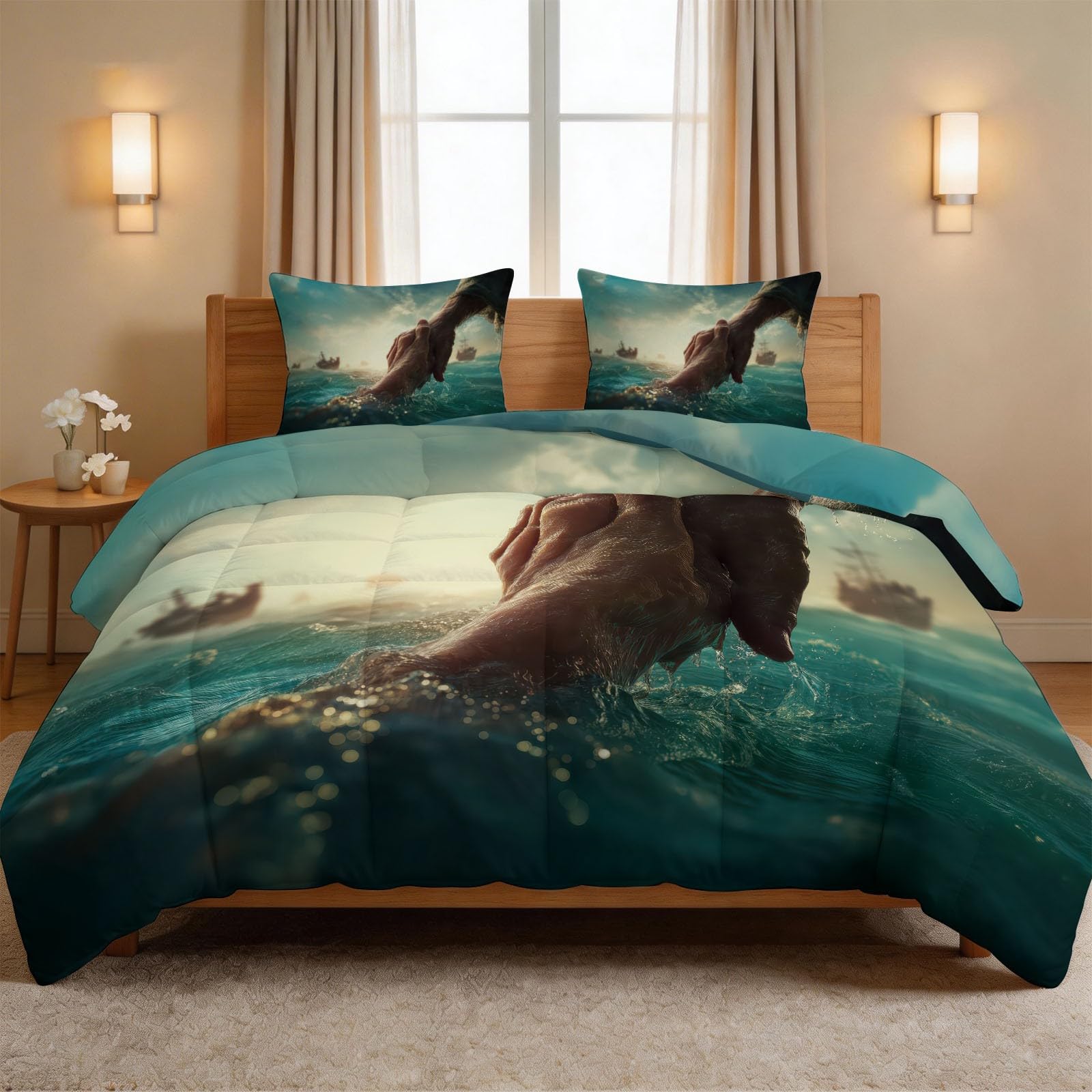 Kołdra bez poszewki, nowoczesna kołdra do spania, 200 x 200 cm, 4 pory roku, światło, cień, dłonie, ocean, pikowana, ciepła, miękka, oddychająca kołdra do spania dla dorosłych, nadaje się do prania