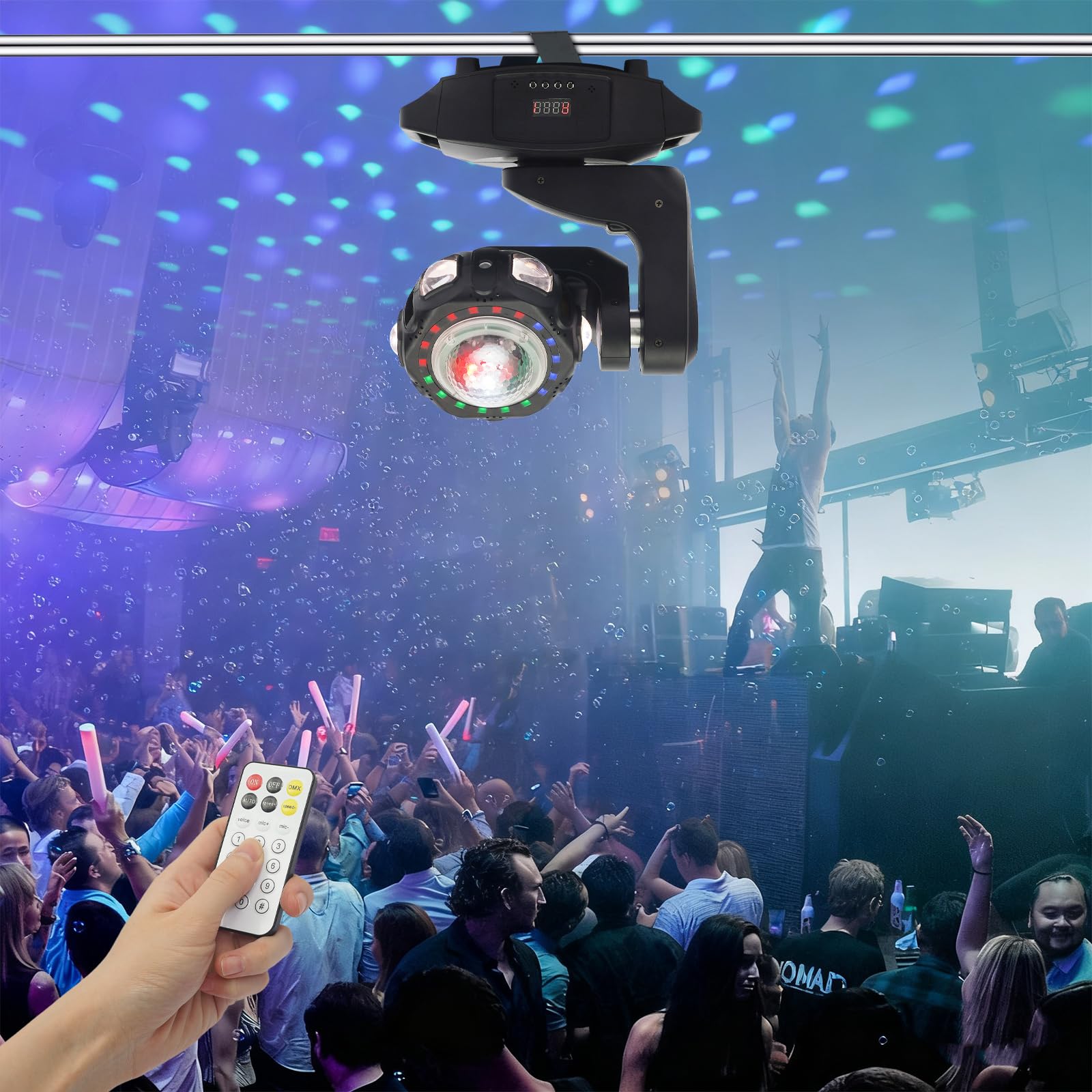 Luce da festa a testa mobile, DMX512, controllo vocale, modalità autoguida e master-slave, effetto caleidoscopio, impianto di illuminazione RGBW DJ per karaoke, bar, palcoscenico, DJ