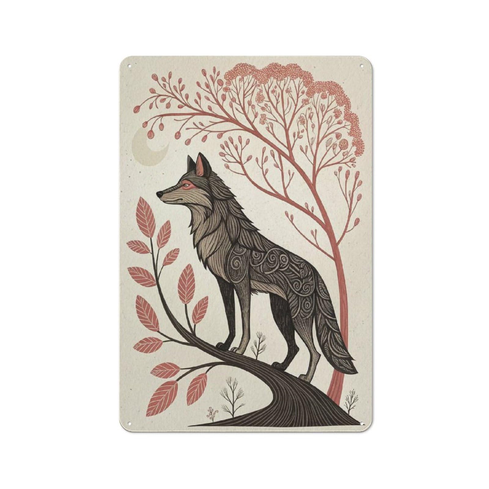 Junmoney Style-24 Stylized Wolf On A Branch Vintage Metal Wall Decor 30X20cm, Vintage Metal Sign For Hallway, Home Bar, Garage Or Study