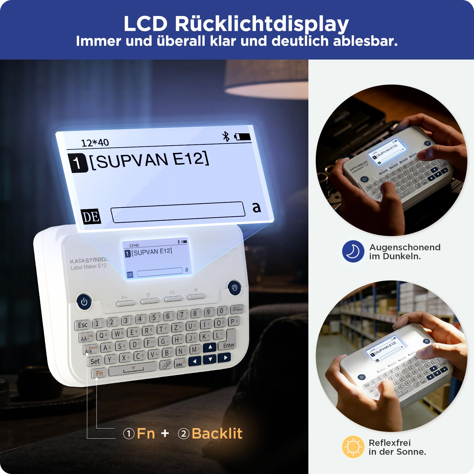 SUPVAN E12 Etikettendrucker, mit QWERTZ Tastatur und Beleuchtetem Grafikdisplay, 4 Rollen Wasserfester Etiketten Selbstklebend für Büro, Schule & Zuhause, Weiß