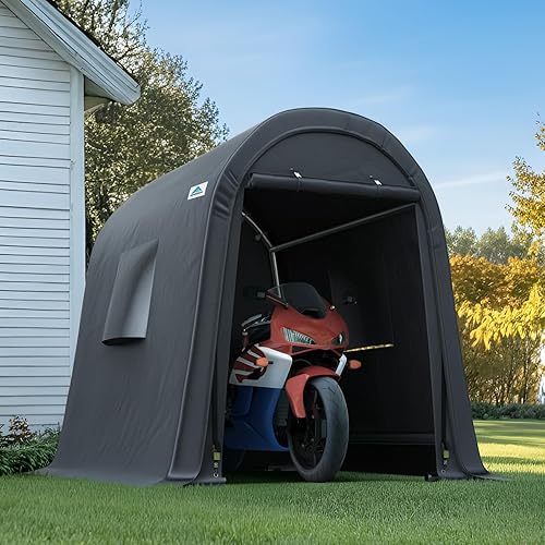 ADVANCE OUTDOOR Cobertizo de Almacenamiento Refugio de 6 x 8 pies Techo de Pico Redondo de Acero Metálico Garaje Cochera Portátil para Motocicleta,