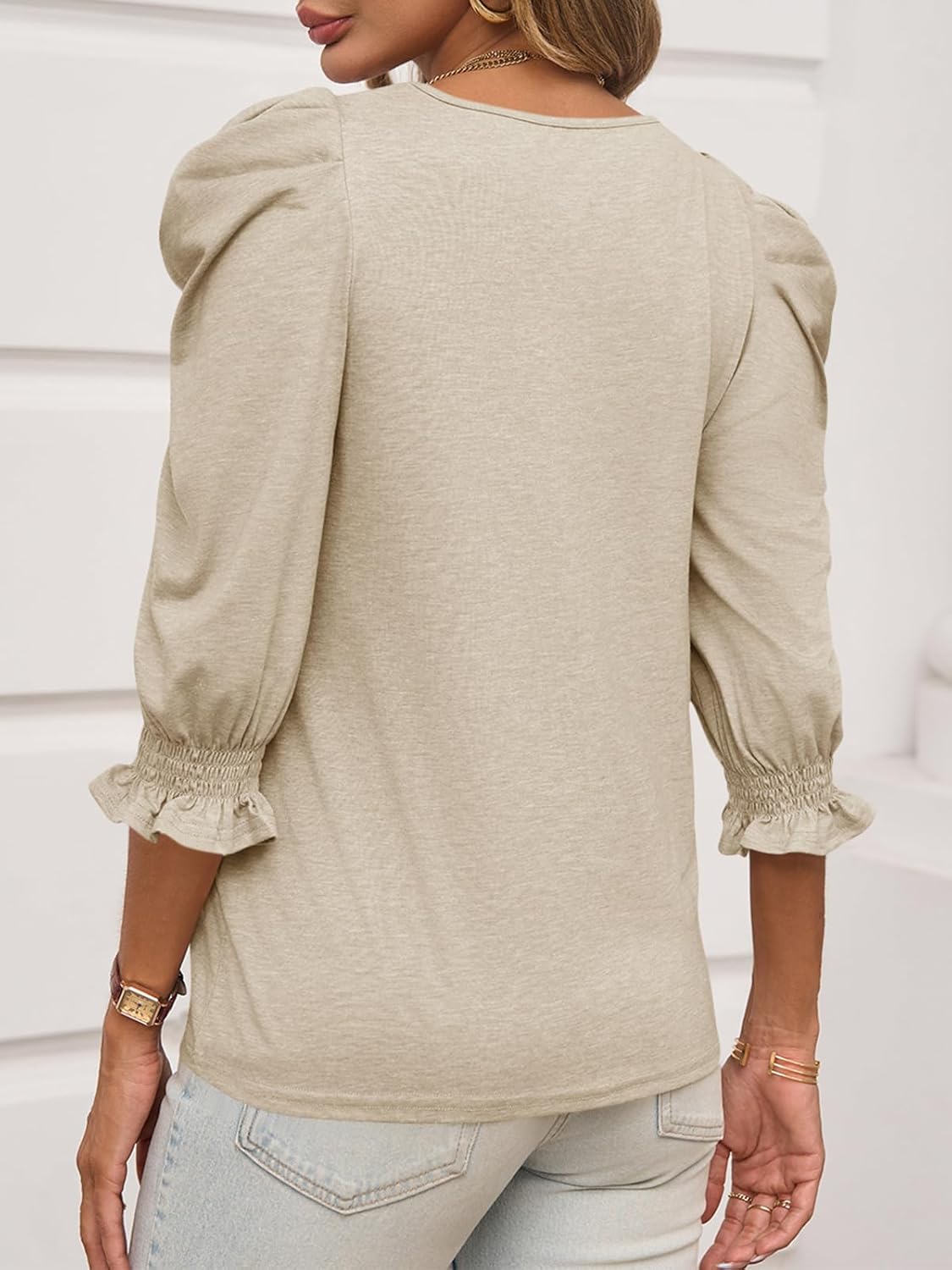 Tankaneo Womens 3/4 Length Sleeve Tops Dressy Casual Blouse Puff Sleeve Cute Trendy T Shirts with Smocked Cuffs - Image 4