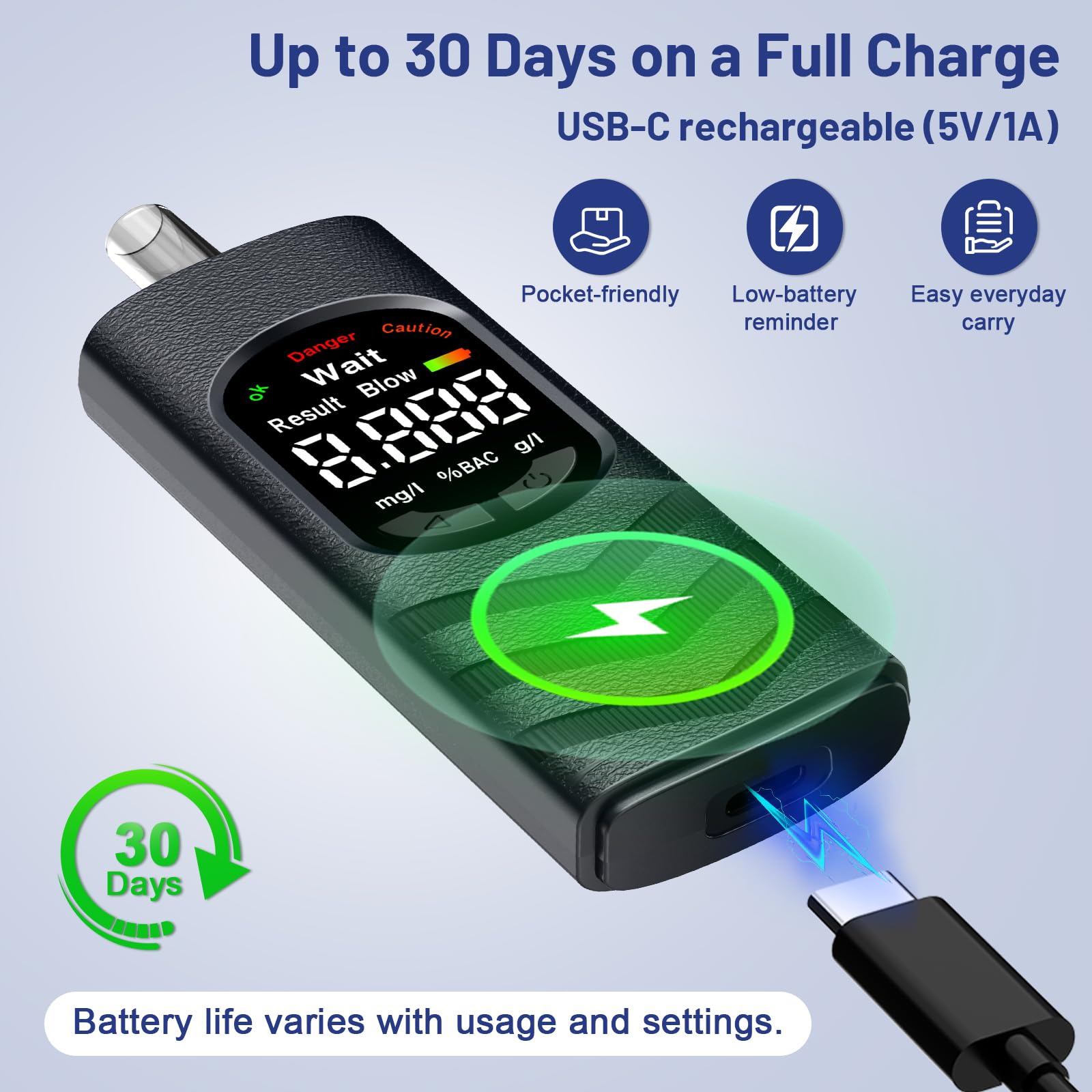 Alkoholtester Atemalkoholtester mit USB-C Akku, Farb-LCD, Halbleiter-Sensor, 20 Mundstücken, tragbares Promillemessgerät für Auto, Zuhause, Party und Reise (Schwarz)