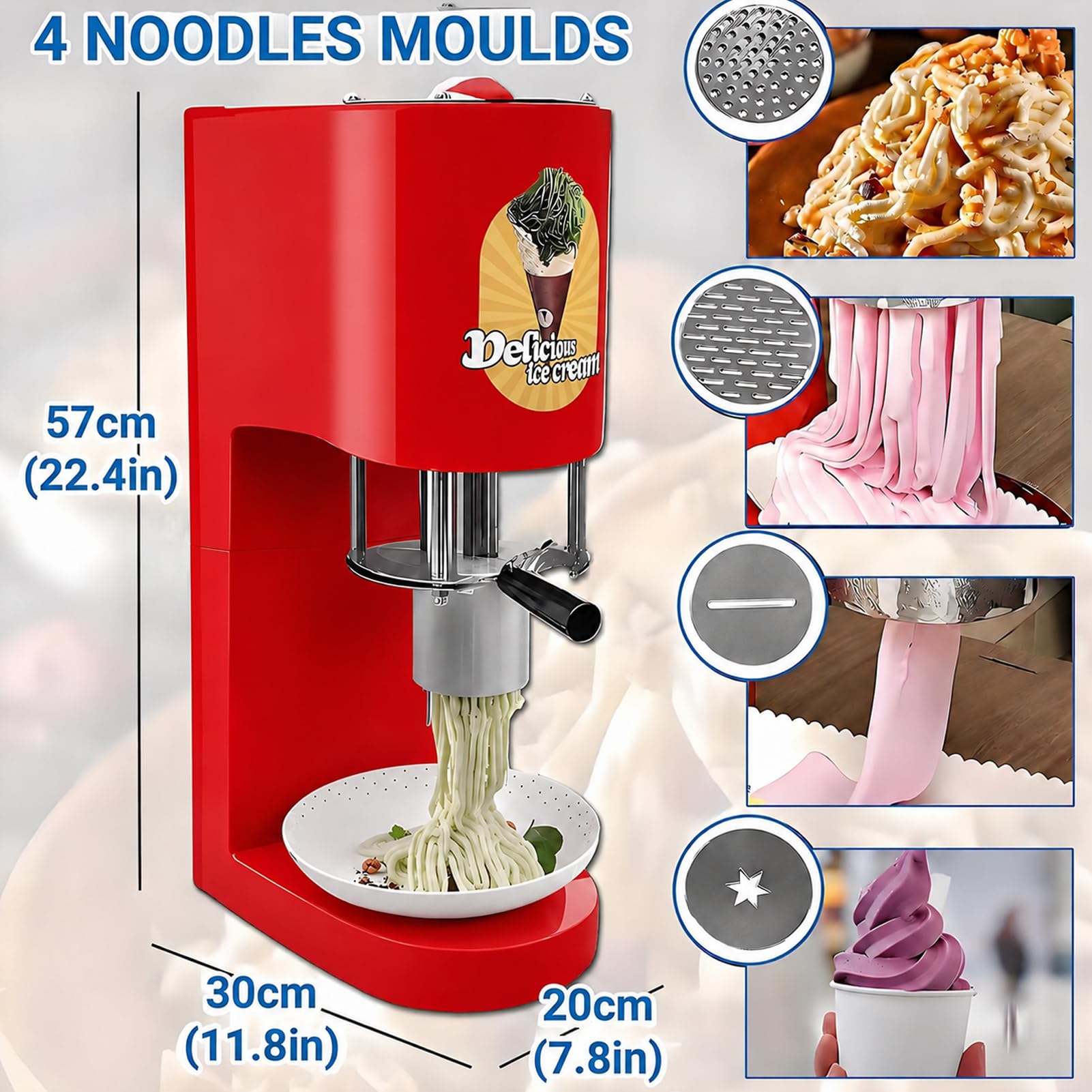 Máquina Heladera Spaghetti 80W Profesional, con 4 Moldes INOX, Extrusora De Helado Italiano, para Restaurantes, Bares, Heladerías