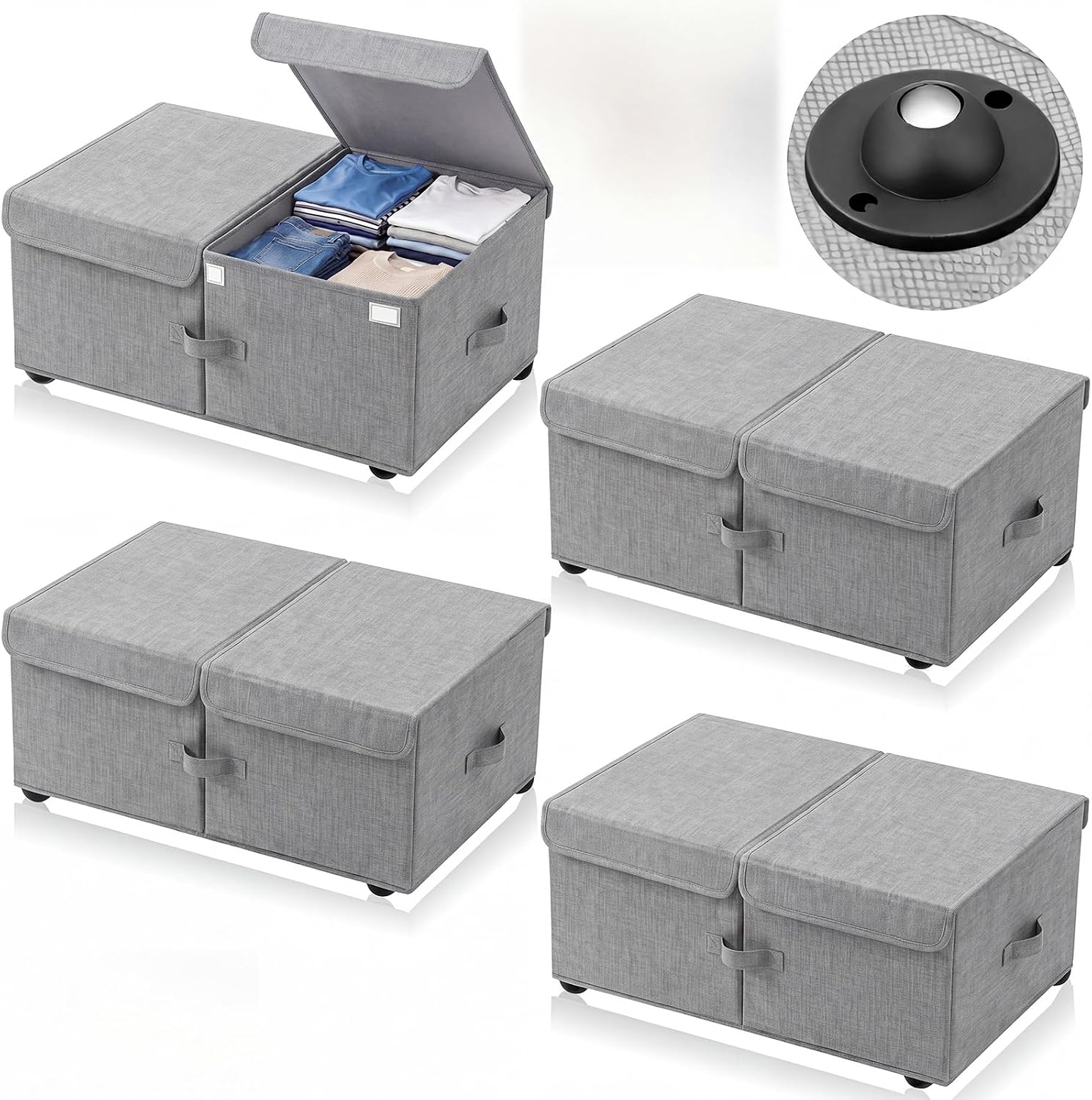 Geelin 4 Pack Under Bed Storage with Wheels, 10 Inch Height 65L Large Capacity Foldable Underbed Storage Bins with Lids & Handles, Easy Assembly Rolling Under Bed Containers for Clothes Blankets, Gray